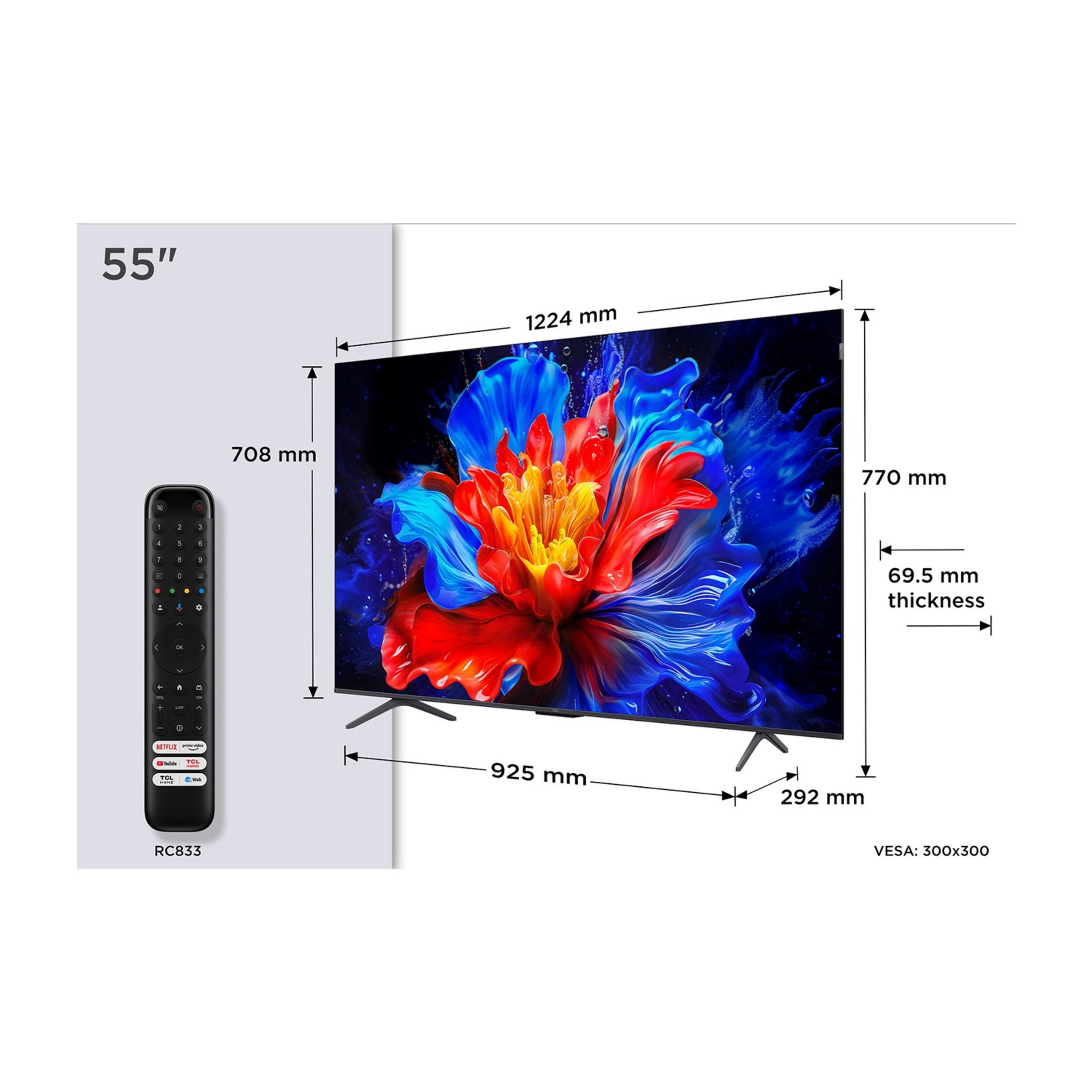 Telewizor 55 cali z pilotem, wymiarami i specyfikacją VESA.