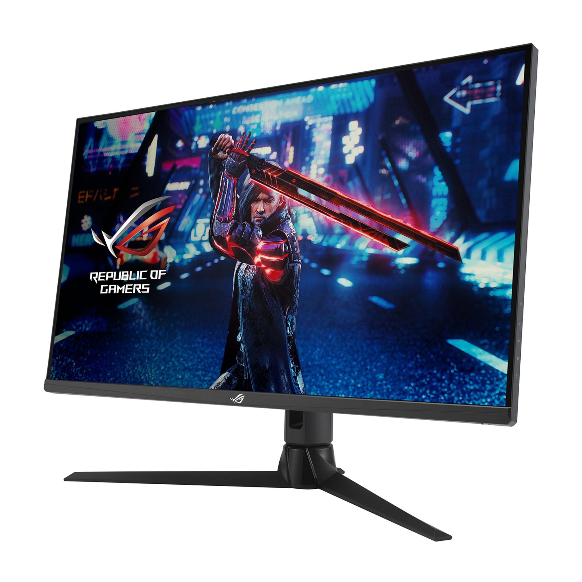 Ein Gaming-Monitor mit einem Mann, der ein leuchtendes Schwert hält.