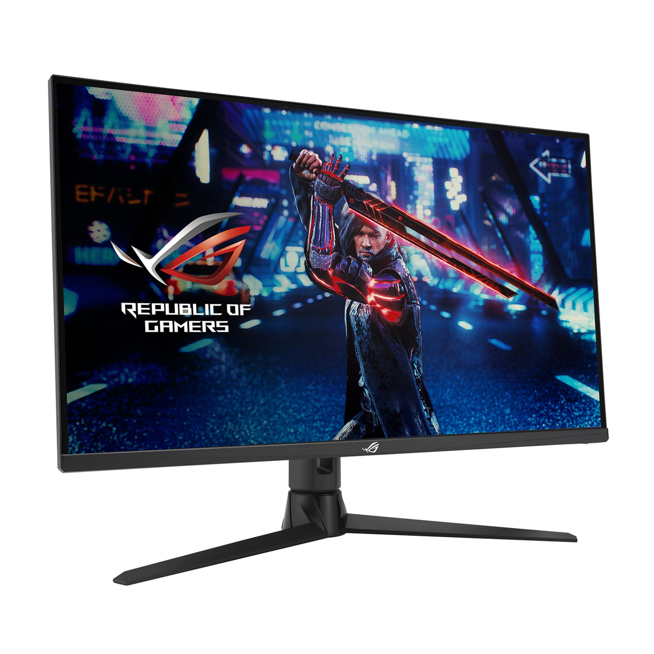Ein Gaming-Monitor zeigt eine digitale Figur mit leuchtendem Schwert vor einem Cyberpunk-Hintergrund.