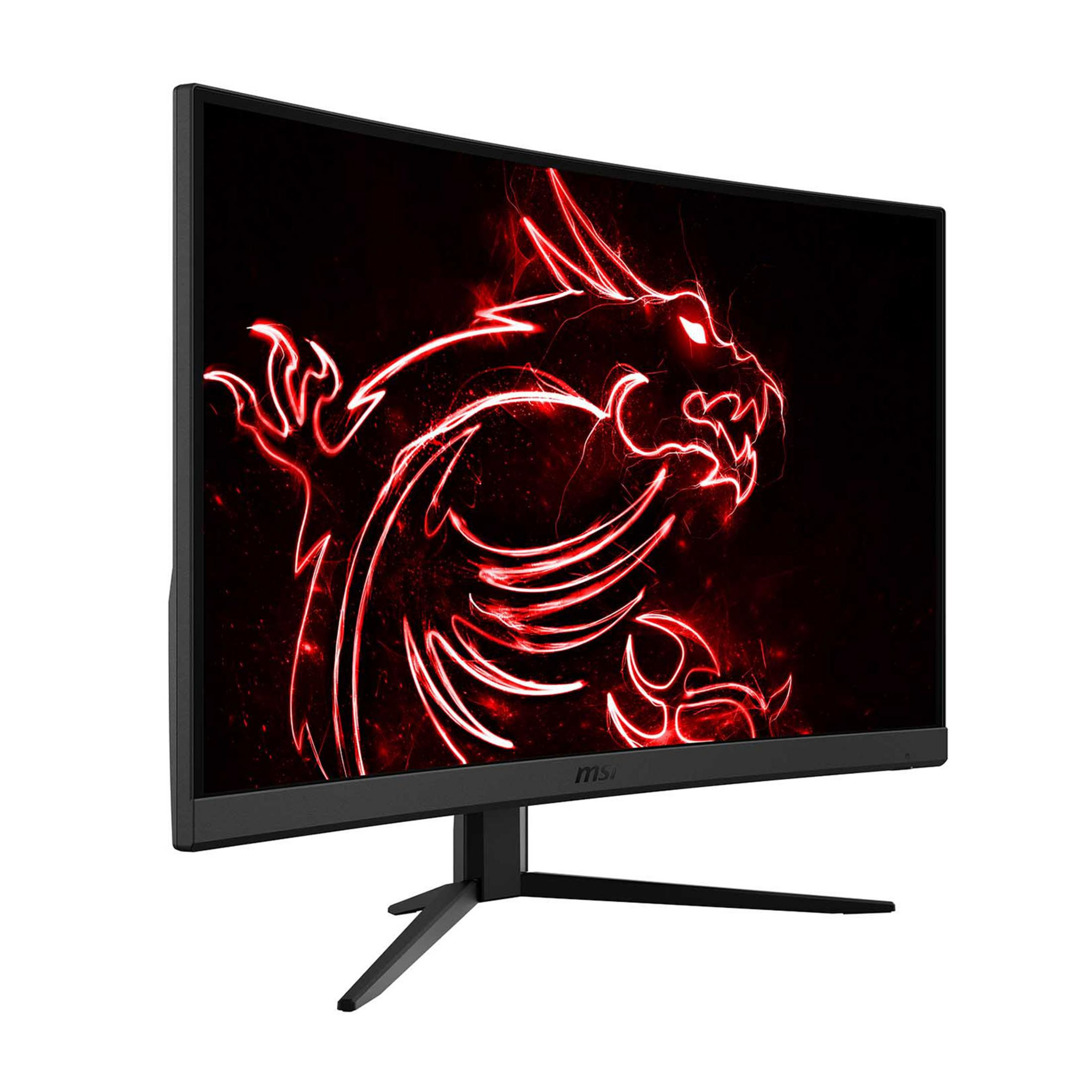 Czarny monitor z lśniącym czerwonym logo smoka na czarnym tle.