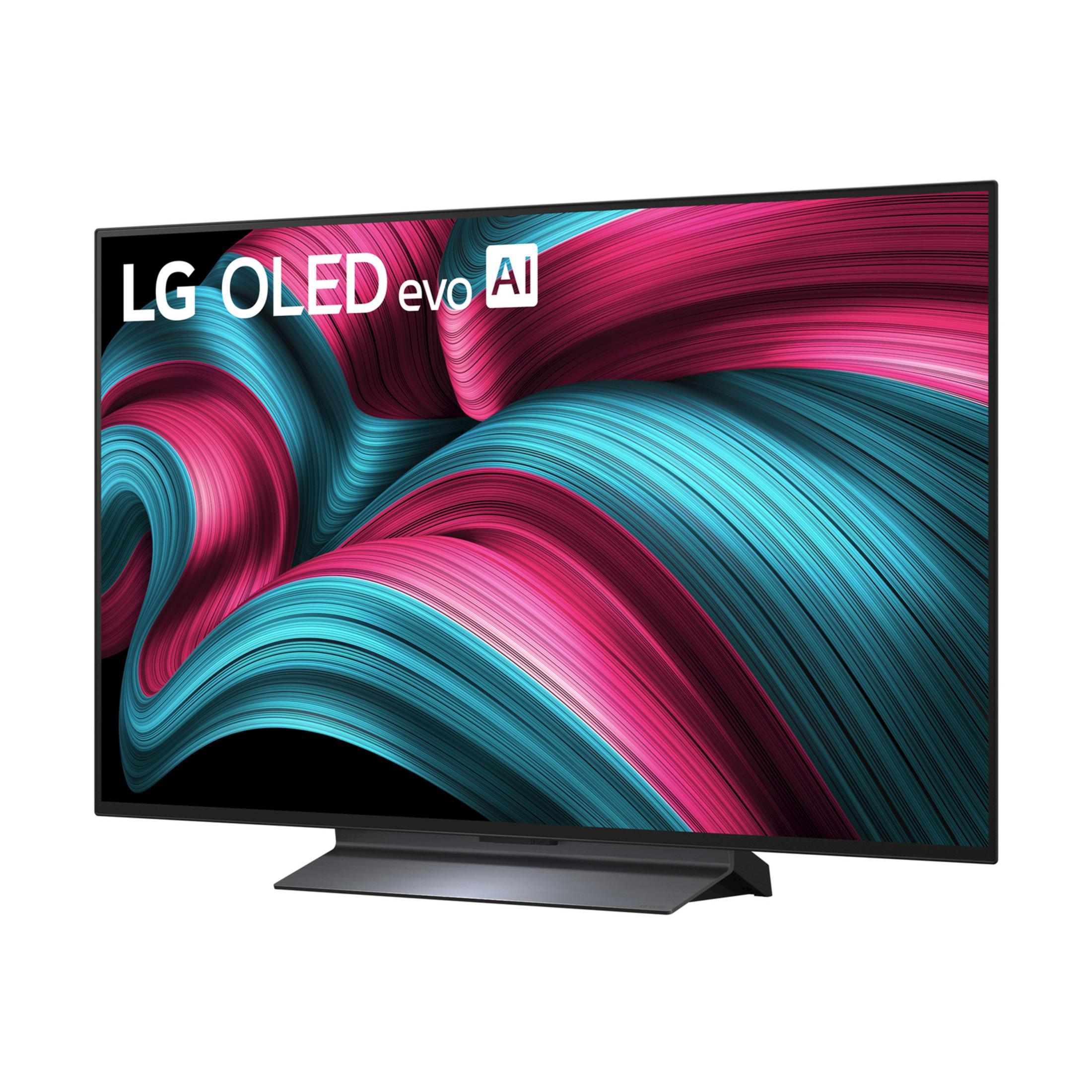Un téléviseur LG OLED evo AI affichant un fond abstrait rose et turquoise.