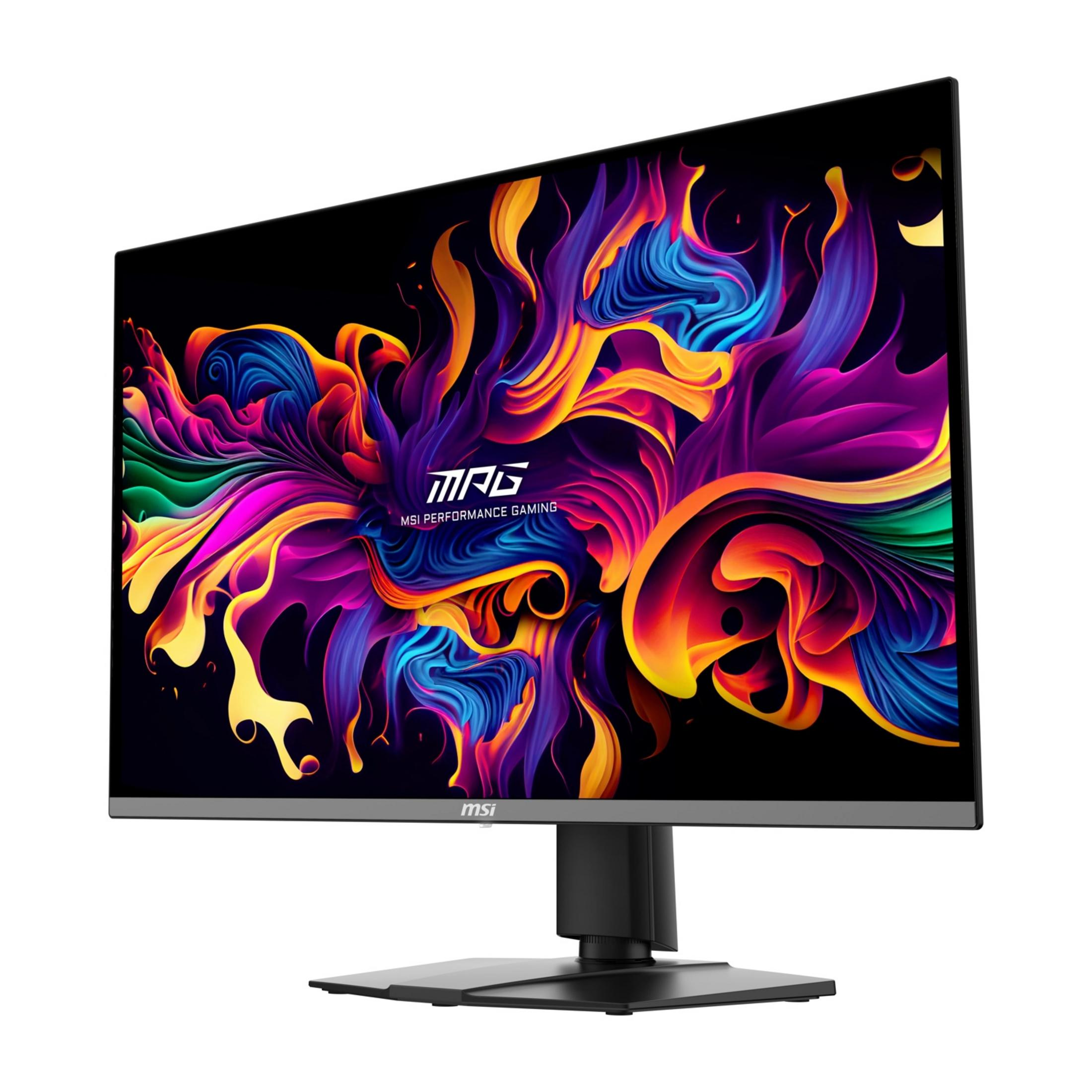 Czarny monitor gamingowy MSI z kolorowym, abstrakcyjnym wzorem płomieni.