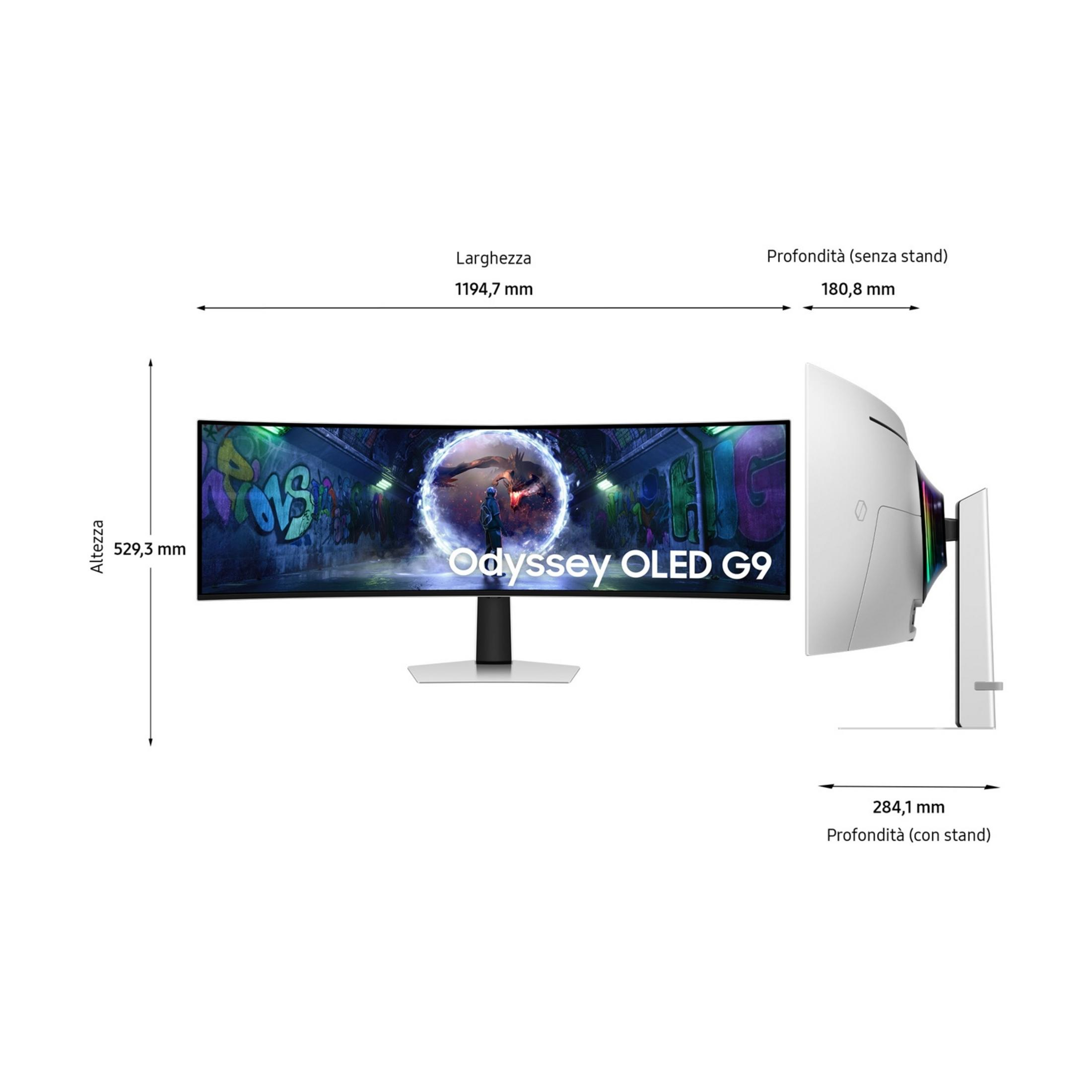 Der gekrümmte Odyssey OLED G9 Monitor mit Maßen: Höhe 529,3mm, Breite 1194,7mm.