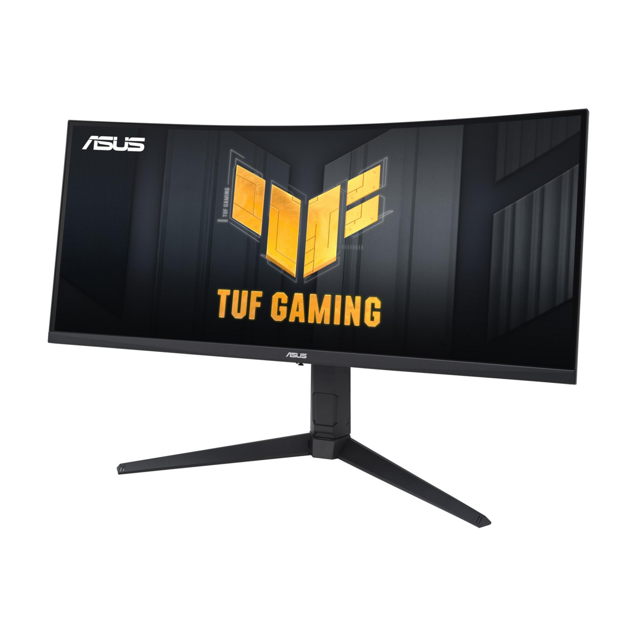 Un monitor curvo Asus TUF Gaming con soporte negro sobre fondo blanco.