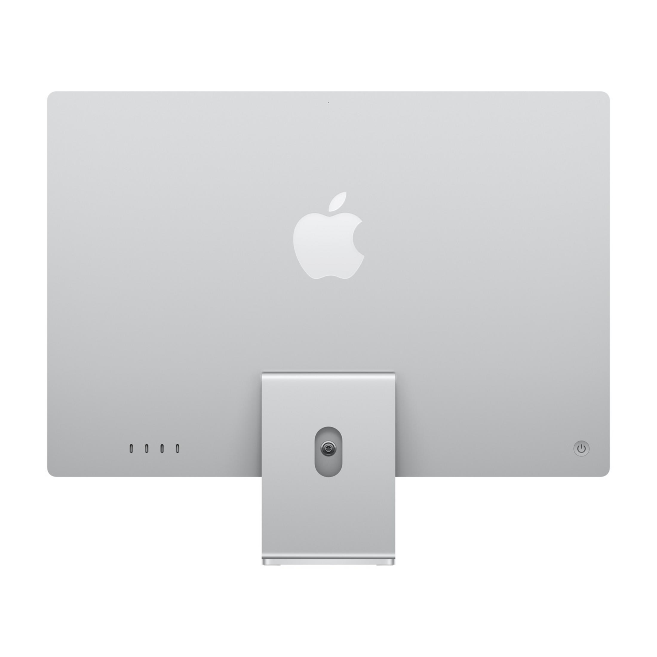 Retro di un iMac argentato con logo Apple, supporto e porte.