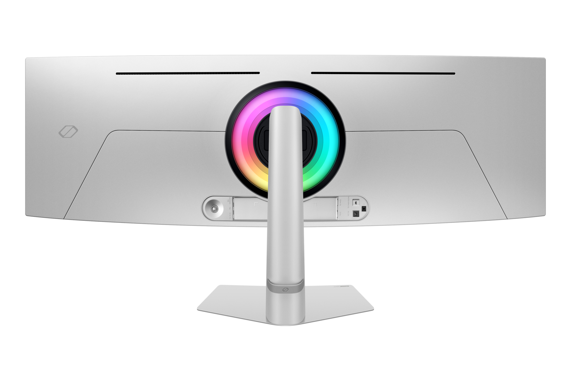 Rückseite eines silbernen Monitors mit RGB-Beleuchtung und einem breiten Standfuß.