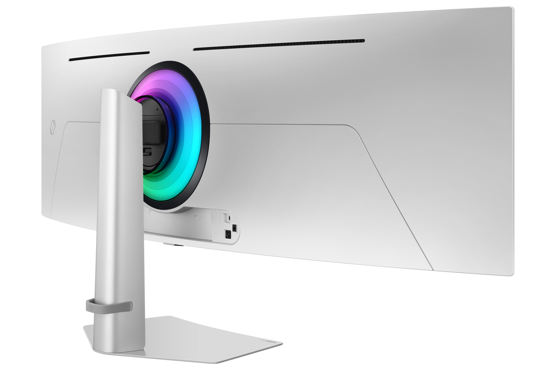 Weißer Monitorständer mit buntem RGB-Lichtring auf der Rückseite.