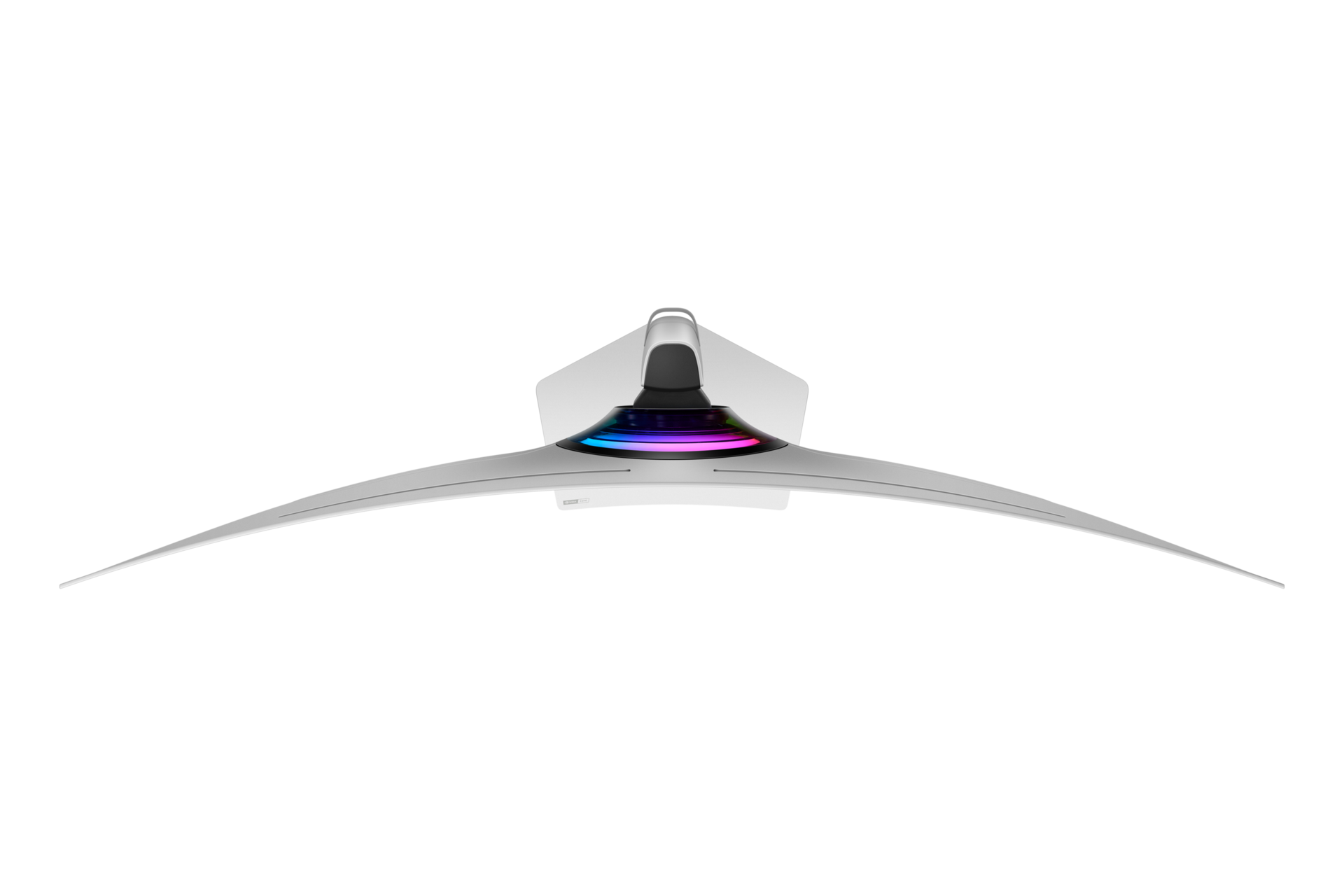 Gekrümmter weißer Monitorständer mit RGB-Beleuchtung am Sockel.