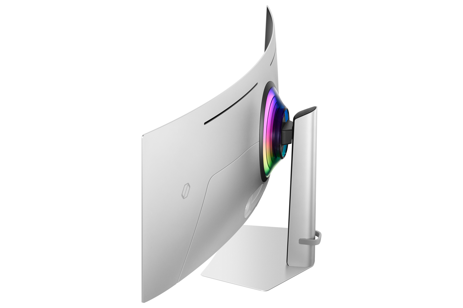 Eine weiße, gekrümmte Monitorrückseite mit RGB-Beleuchtung und einem silbernen Ständer.