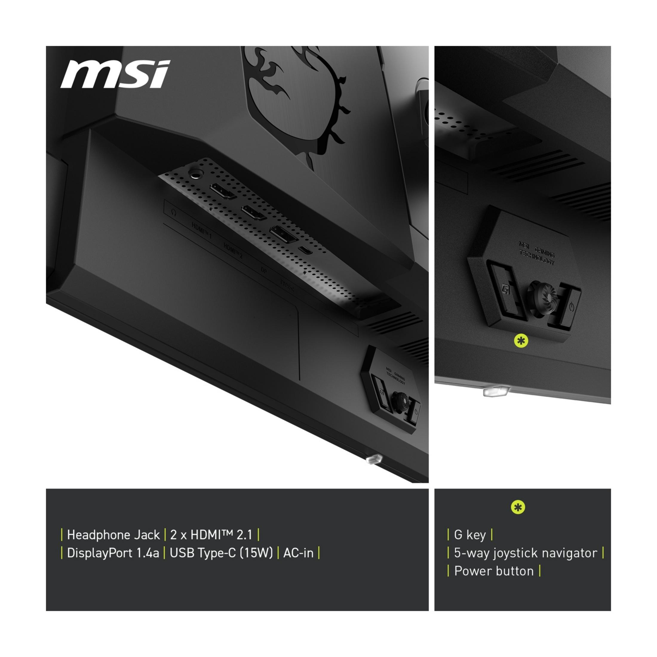 Siyah MSI monitörün arkası: HDMI, DP, USB-C, AC güç bağlantıları.