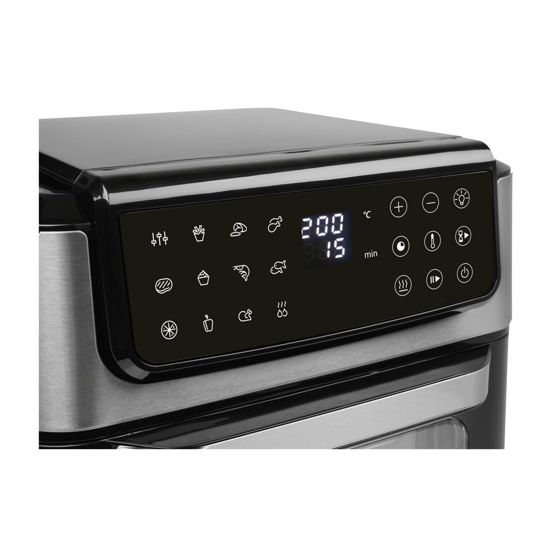 Cyfrowy wyświetlacz frytkownicy beztłuszczowej z ikonami jedzenia i przyciskami.