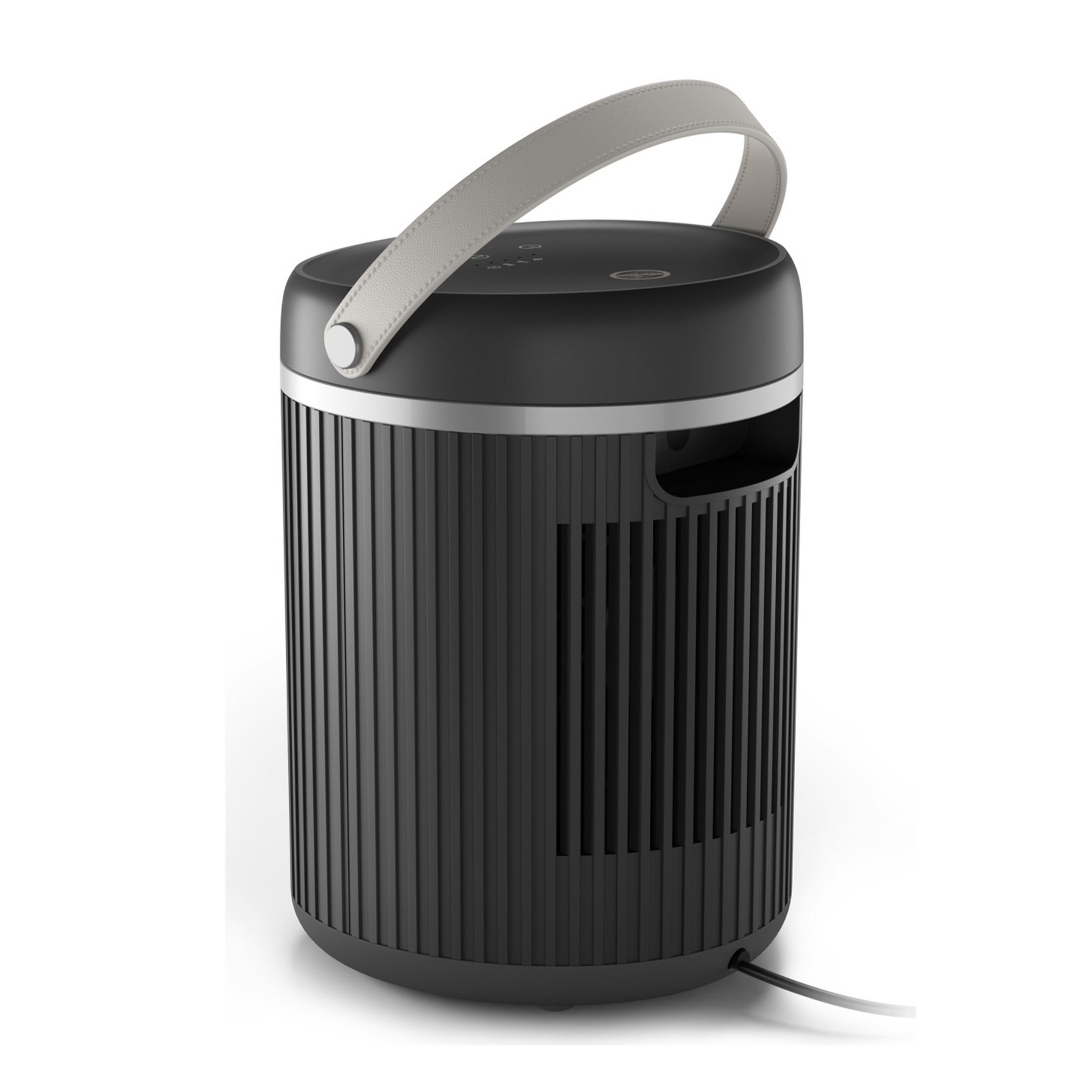 Purificatore d'aria cilindrico nero con manico grigio e fessure di ventilazione.