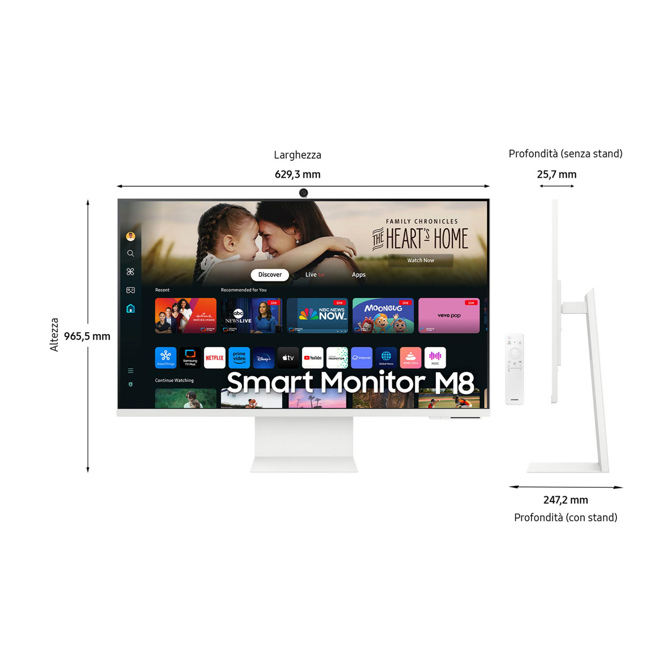 Biały Smart Monitor M8 z pilotem, pokazujący wymiary.
