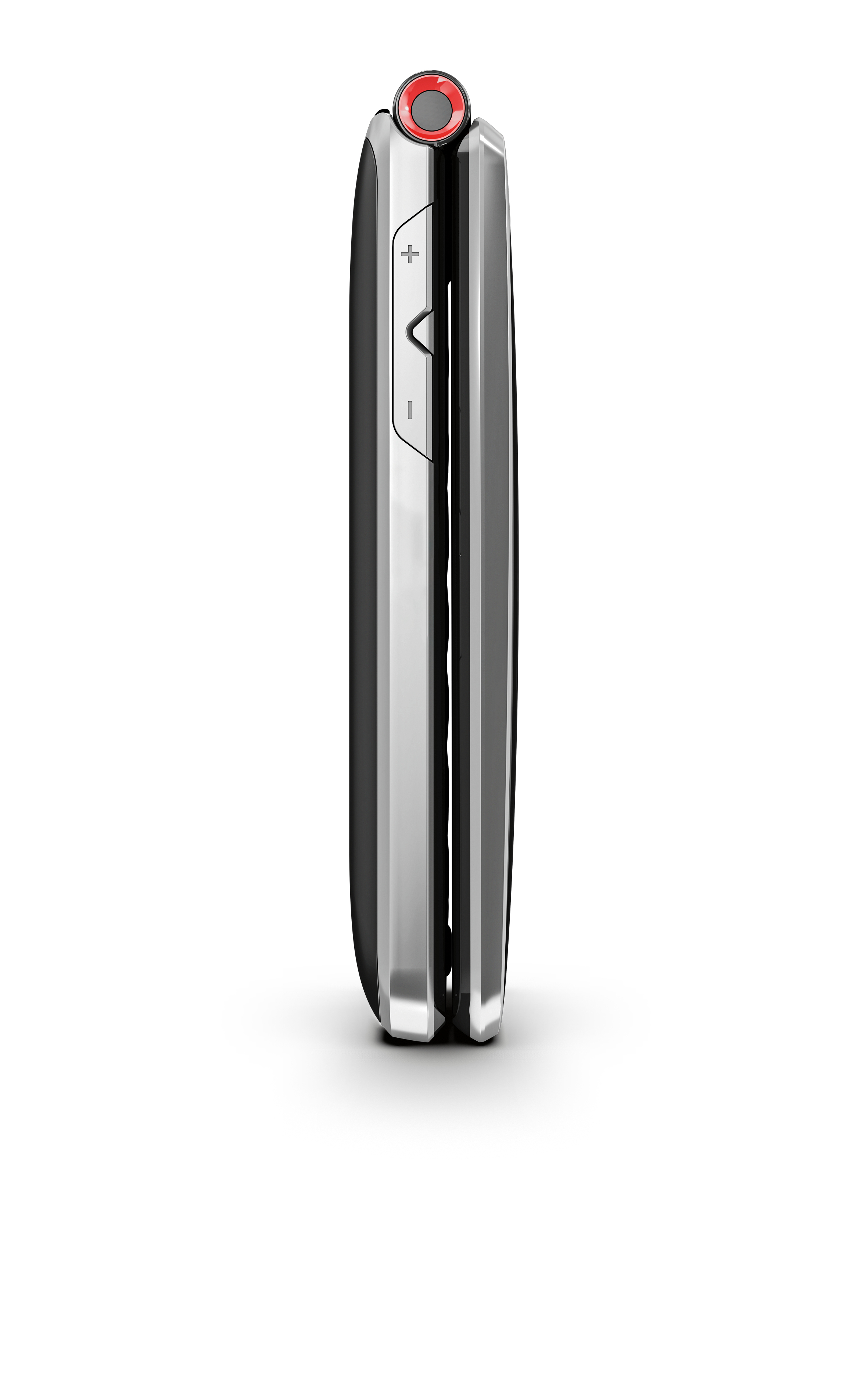 Schwarzes Mobiltelefon mit silbernen Akzenten und roten Bedienelementen.