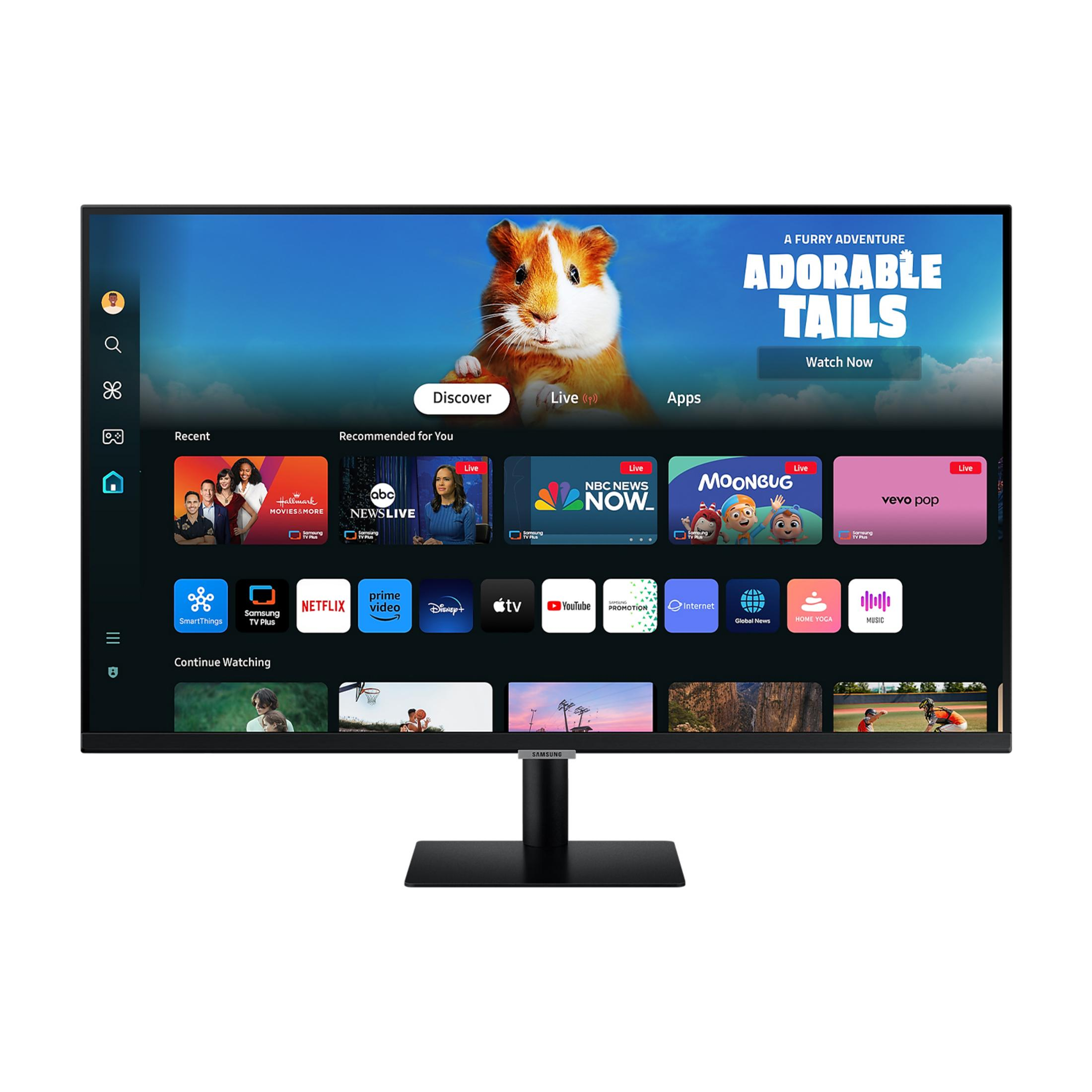 Ekran Samsung Smart TV z menu, aplikacjami i podglądem "A Furry Adventure: Adorable Tails."