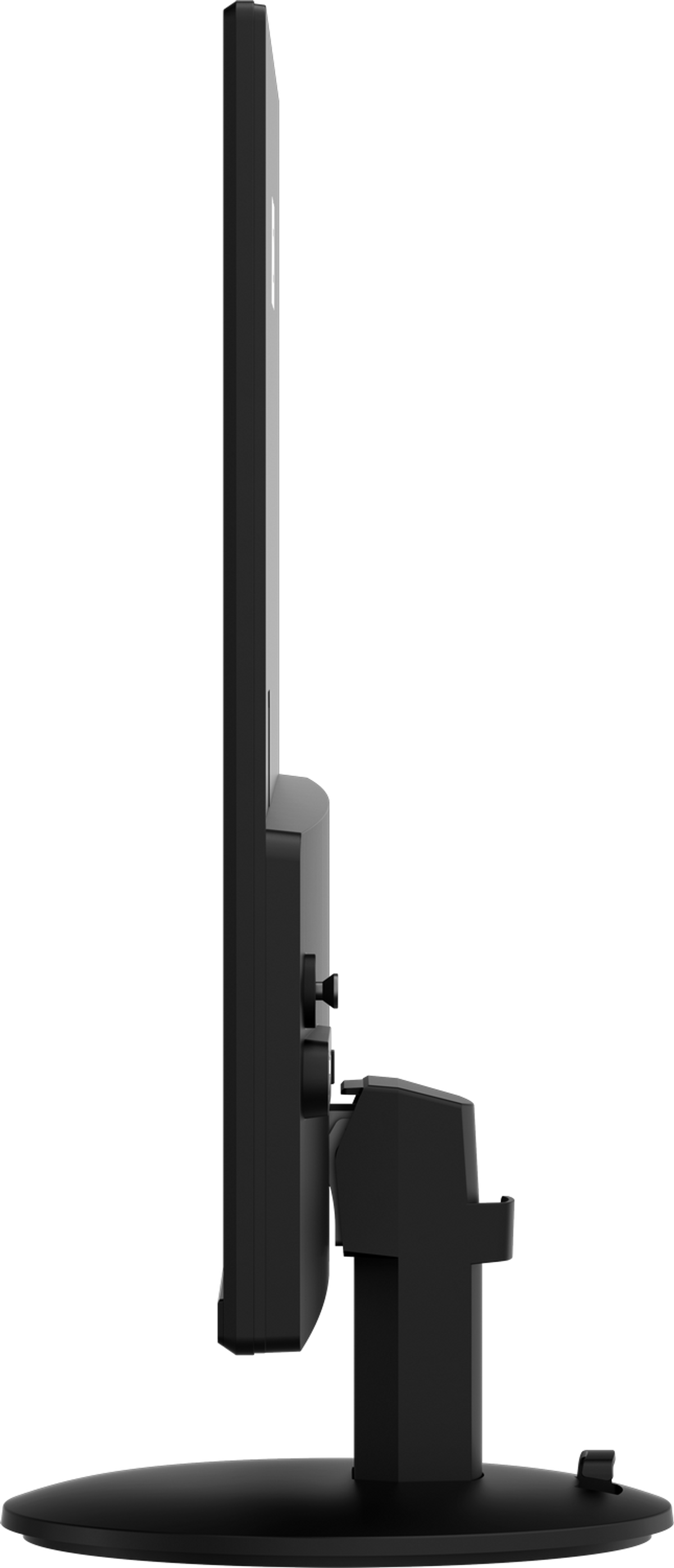 Widok z boku czarnego monitora ze stojakiem na czarnym tle.