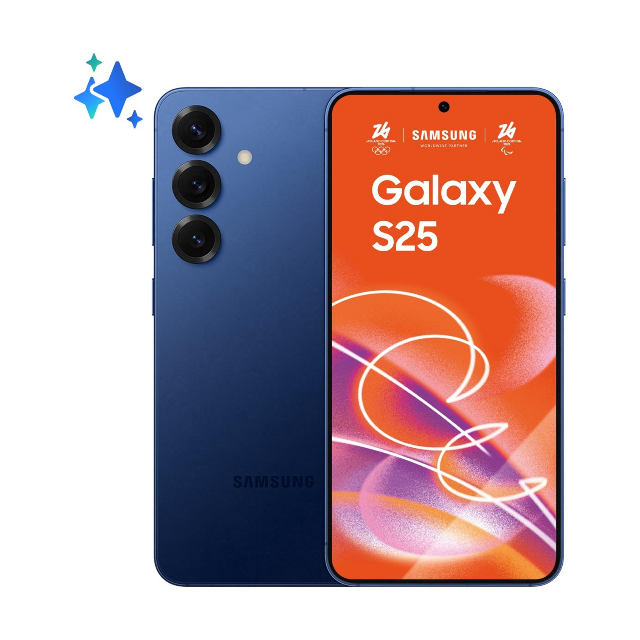 Niebieski telefon Samsung Galaxy S25 z trzema aparatami i pomarańczowym ekranem.