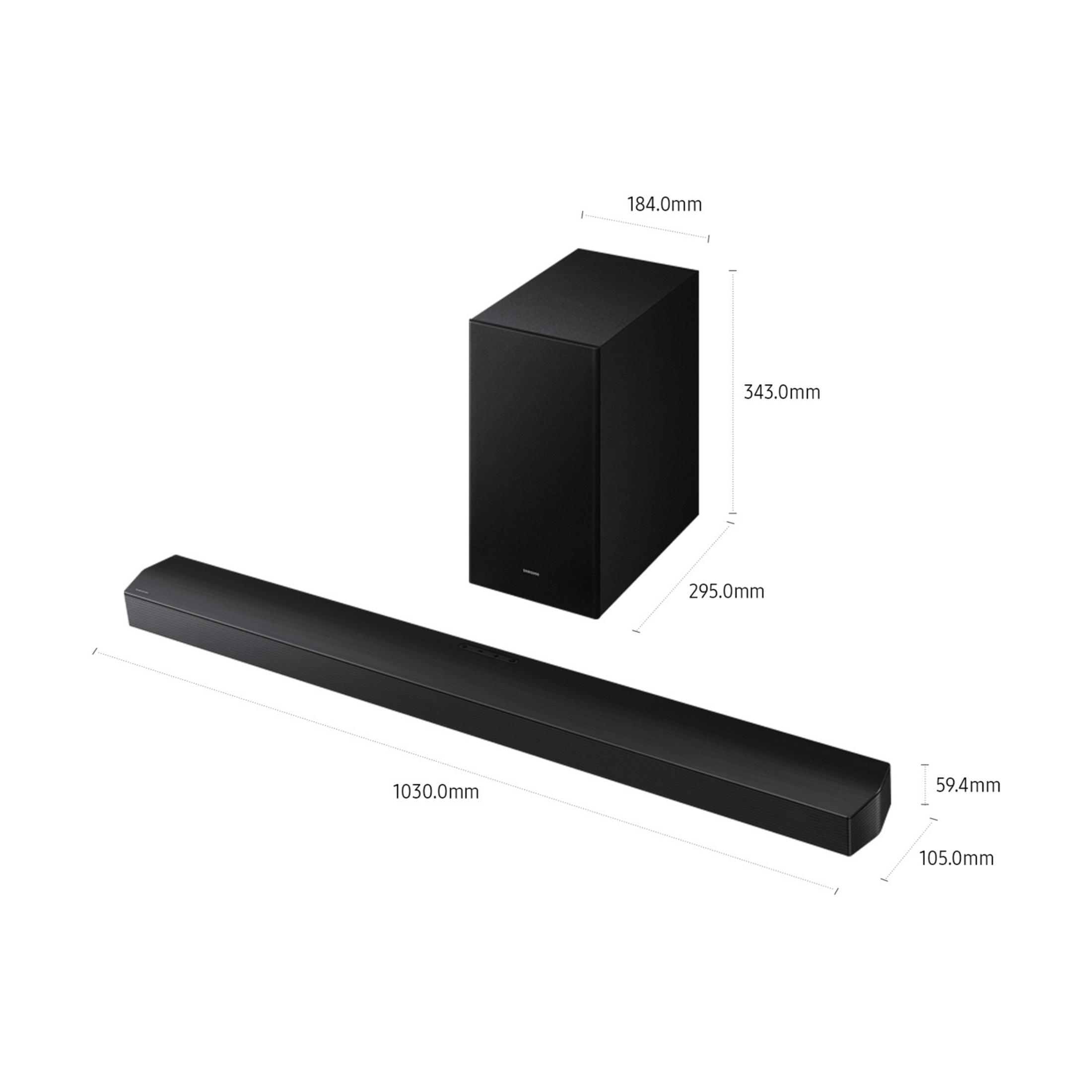 Barra de sonido y subwoofer negros con dimensiones sobre fondo blanco.