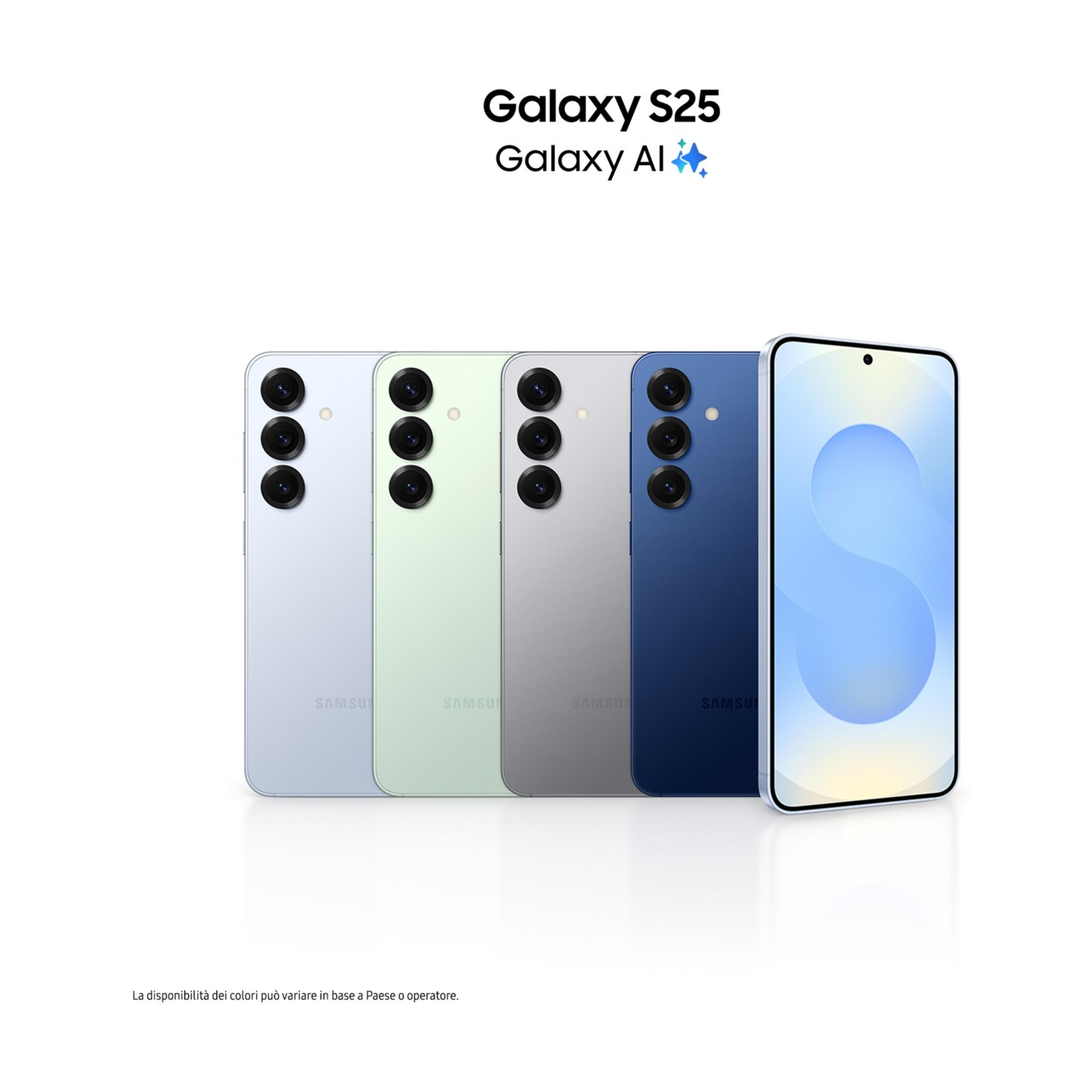 Cztery telefony Samsung Galaxy S25 w różnych kolorach, jeden z niebieskim ekranem.