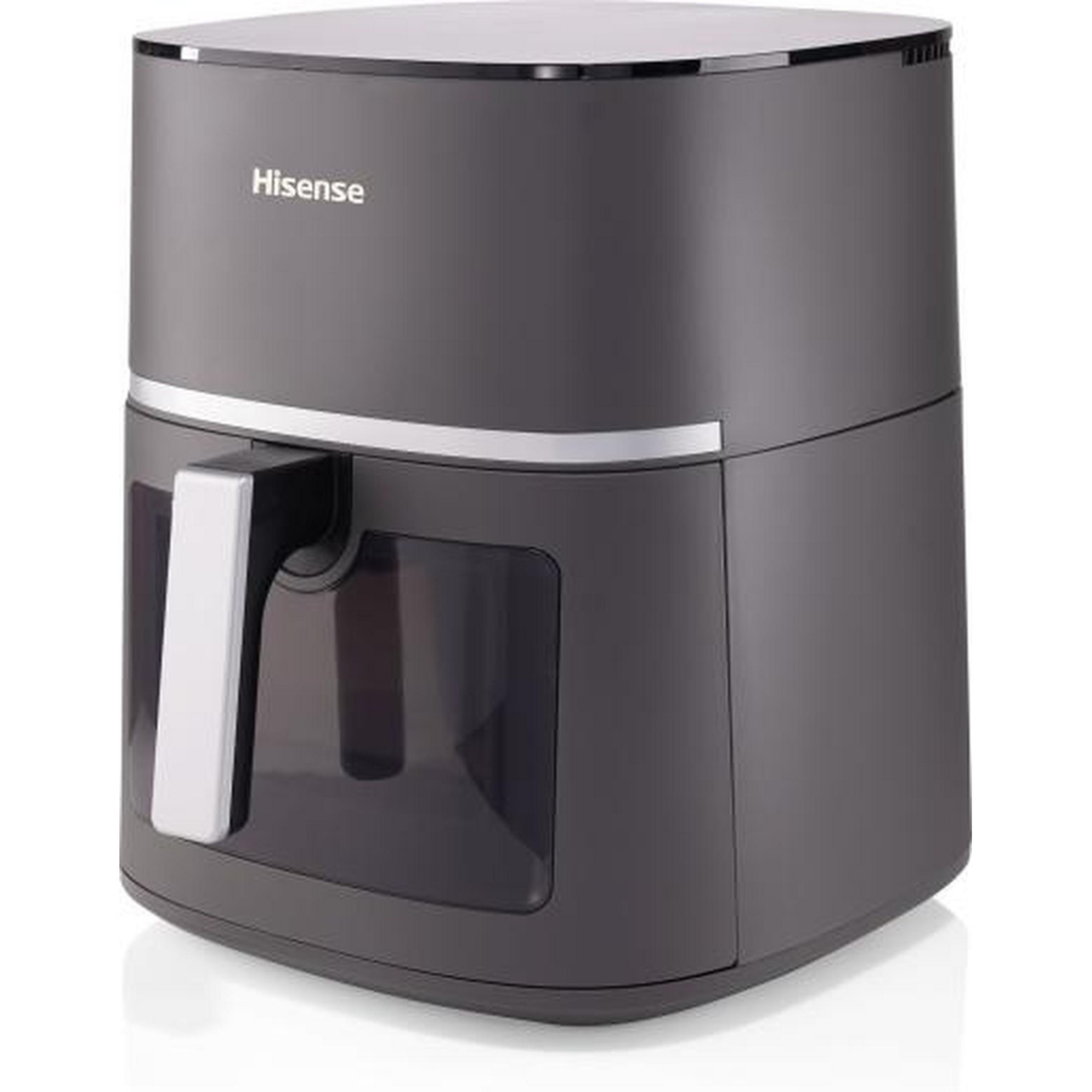 A gray Hisense air fryer with a white handle and a clear viewing window.