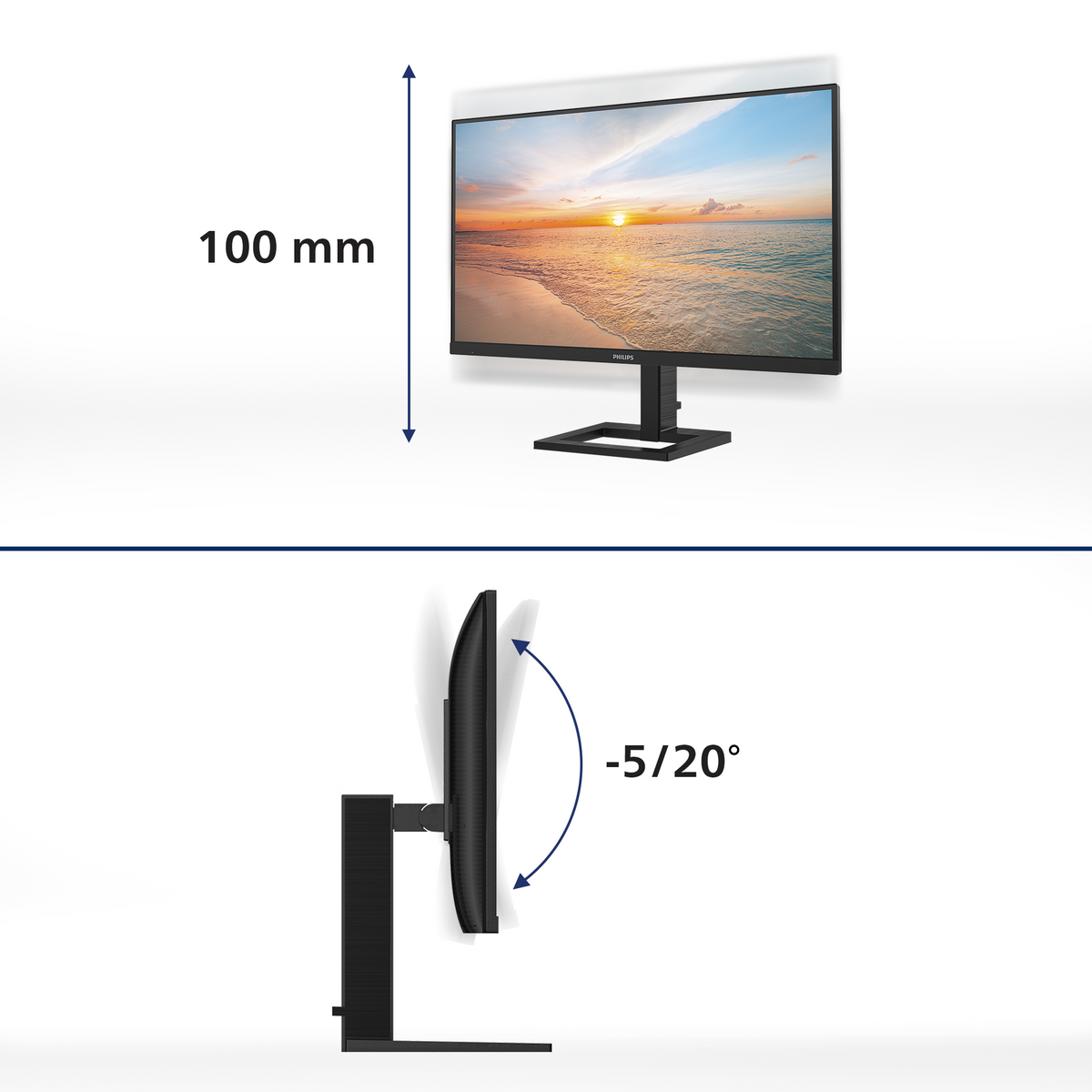 Monitor wyświetla zachód słońca. Wysokość 100 mm. Kąt nachylenia -5/20.