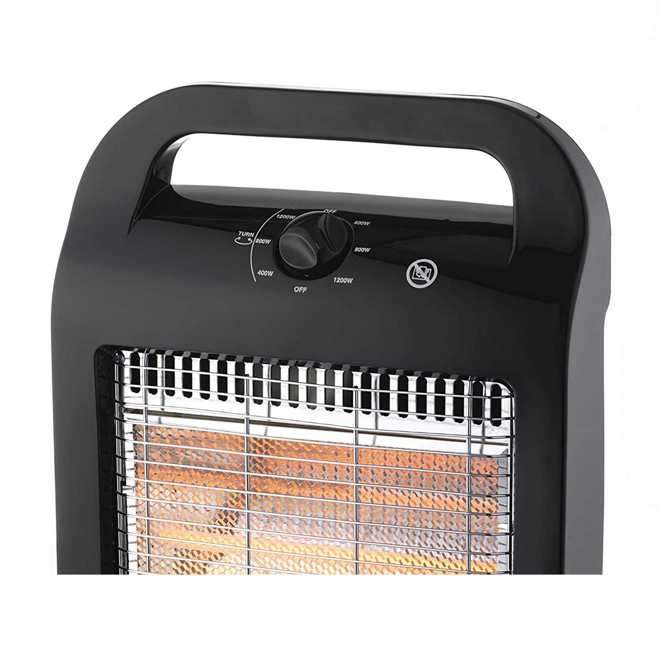 Zbliżenie czarnego grzejnika z pokrętłami i pomarańczowo świecącymi elementami.