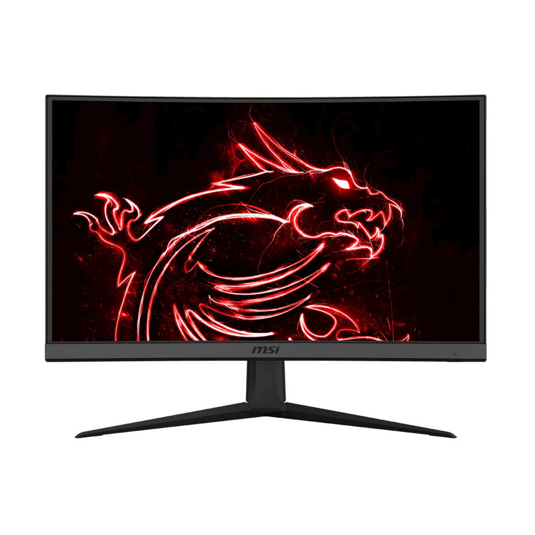 Zakrzywiony monitor MSI z czerwonym logo smoka na czarnym tle.