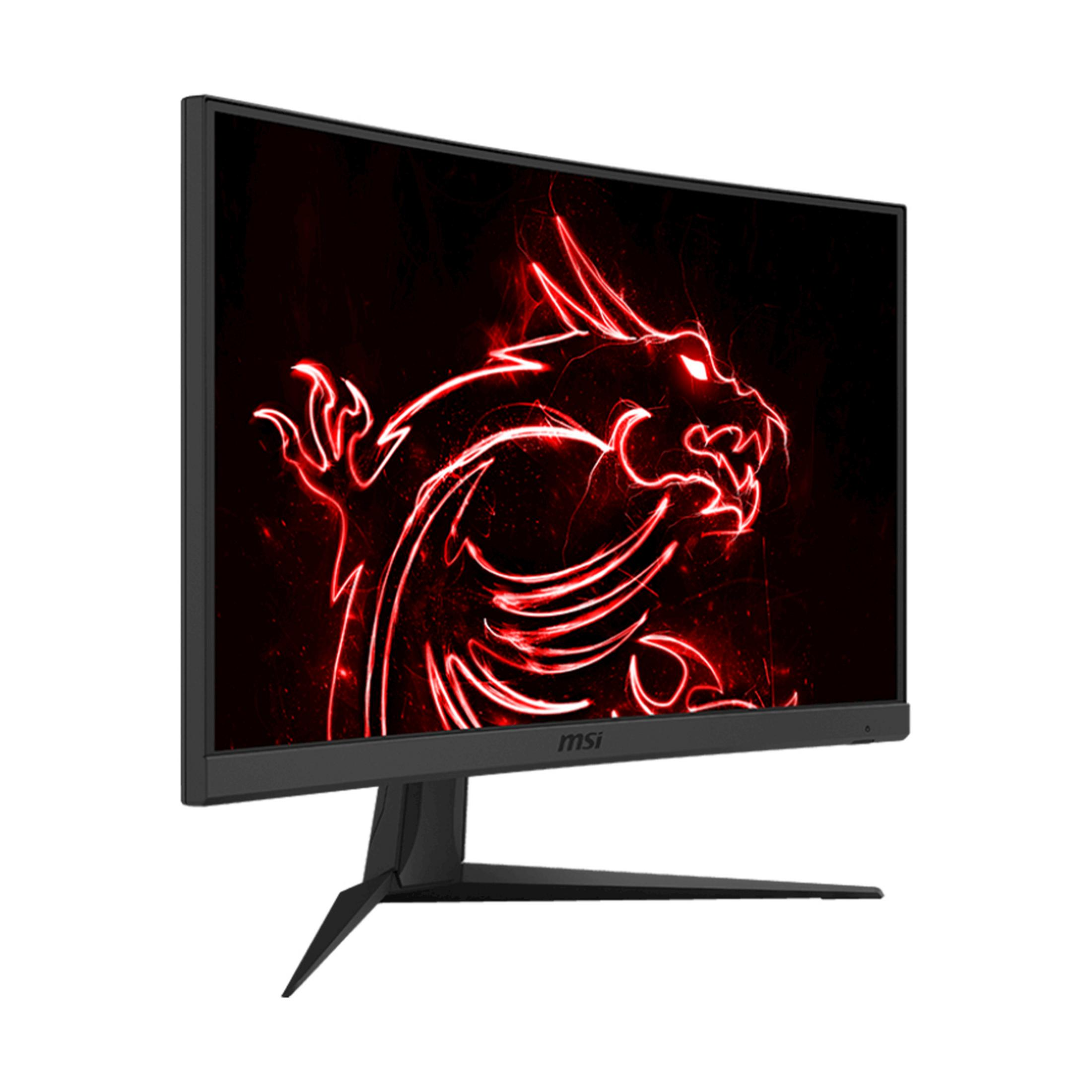 Zakrzywiony monitor gamingowy z czerwonym smokiem na czarnym ekranie.
