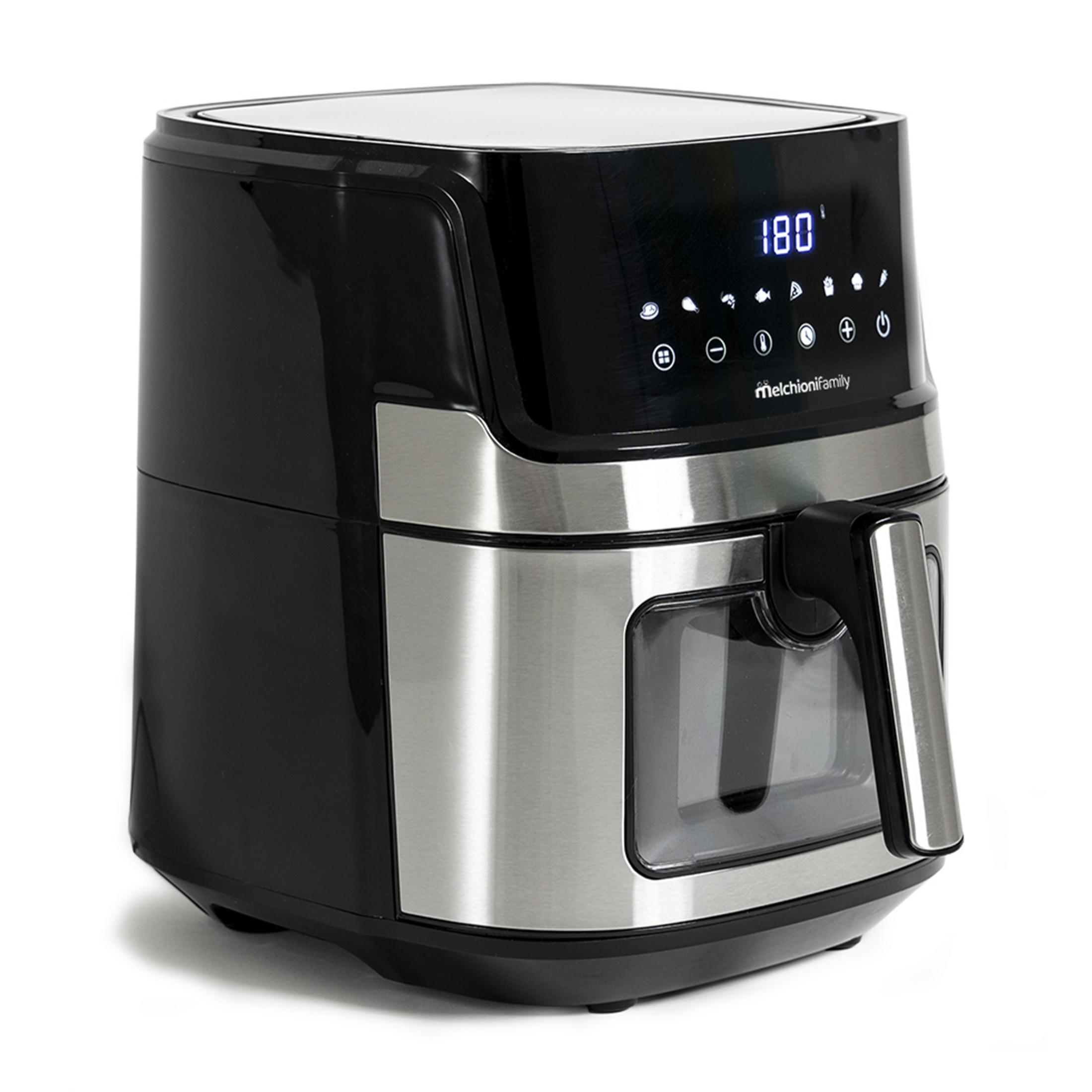 Czarna frytkownica beztłuszczowa ze stalowymi akcentami i cyfrowym wyświetlaczem 180 stopni.