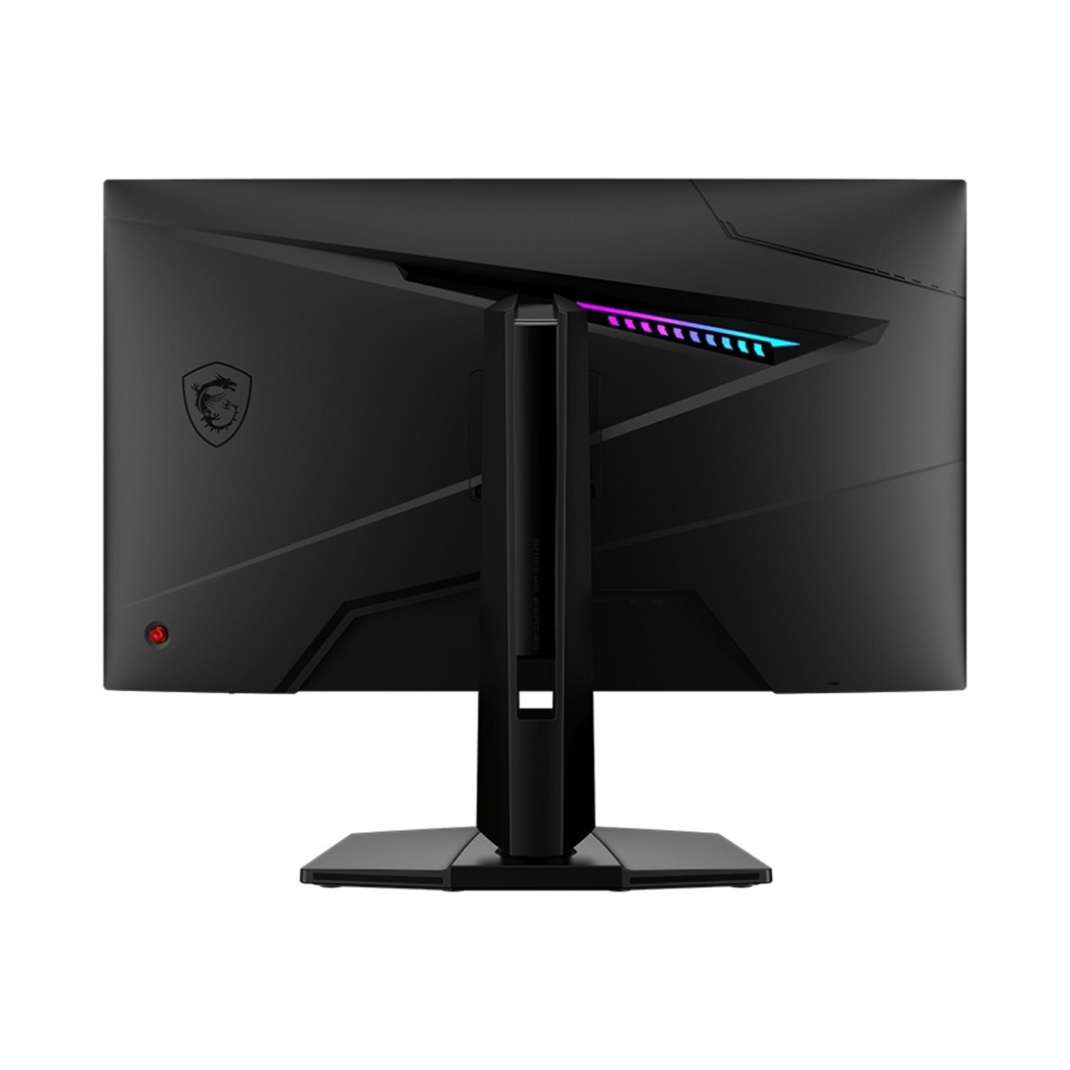 Tył czarnego monitora gamingowego MSI z podświetleniem RGB.