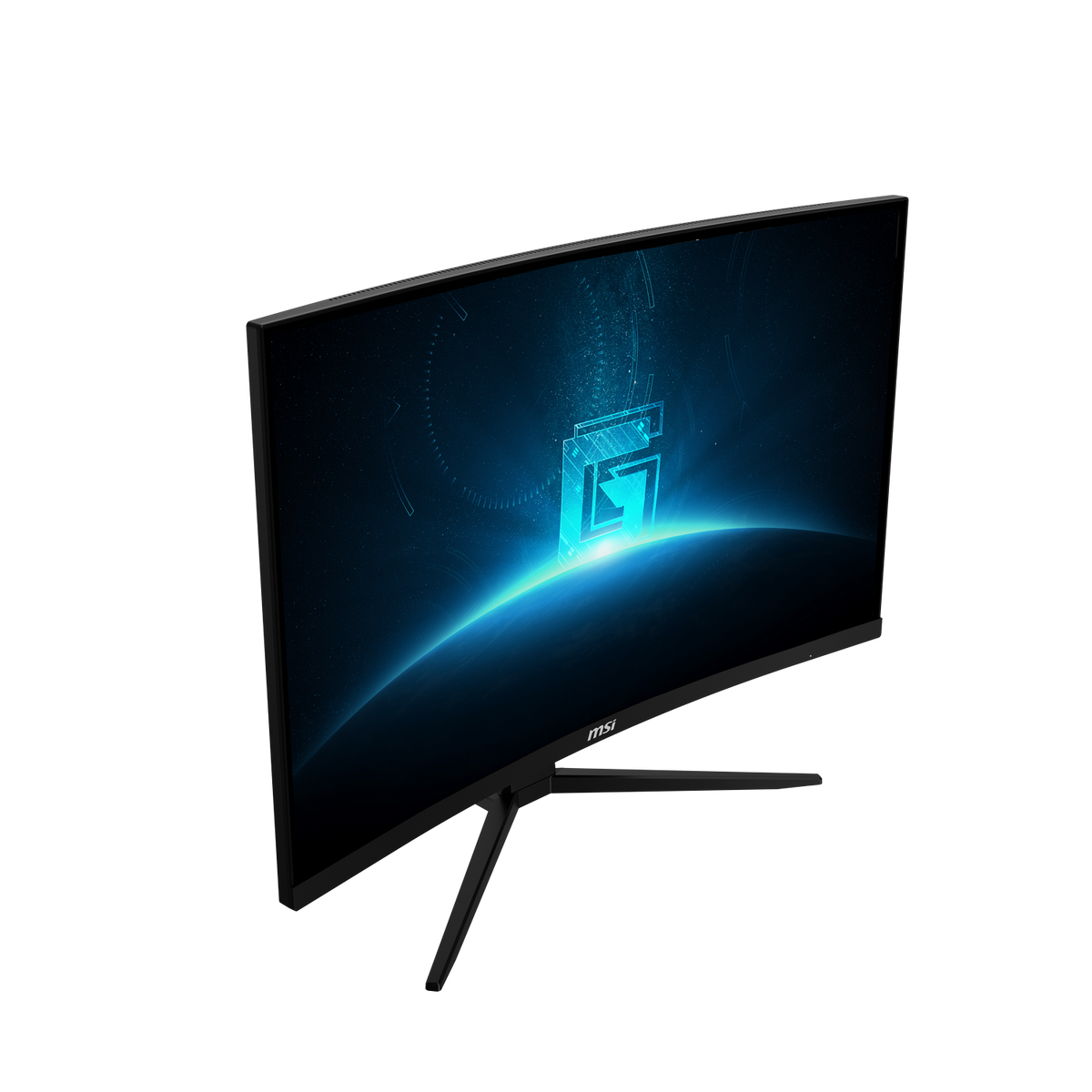 Un monitor curvo MSI con brillo azul y logo G estilizado.