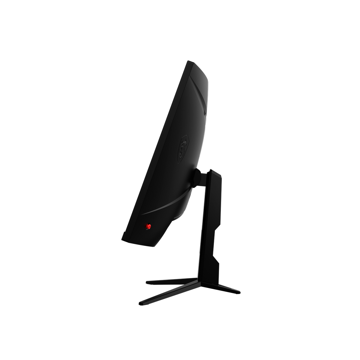 Un monitor de computadora negro con logo MSI y luz roja, visto de lado.