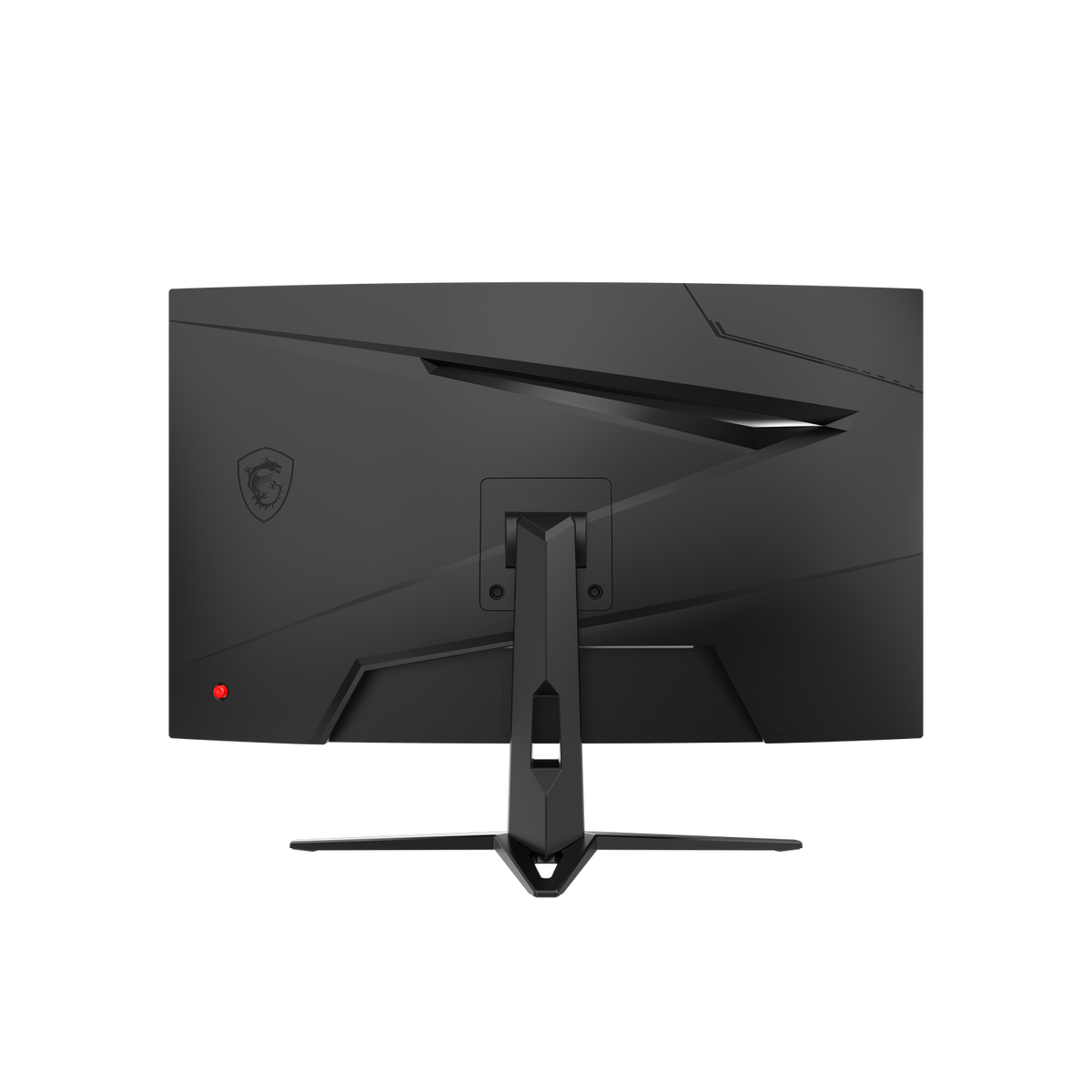 Vista trasera de un monitor negro con logo MSI y luz roja.