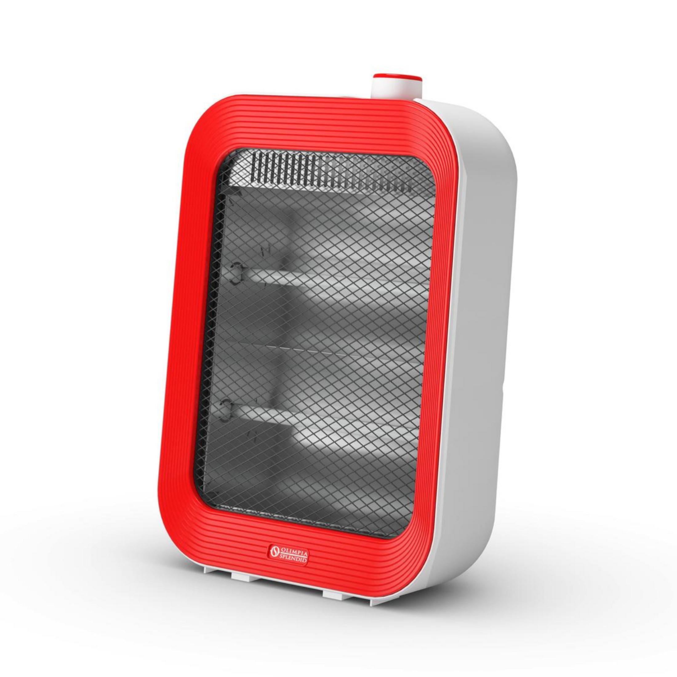 Un termoventilatore bianco con cornice rossa e griglia nera.