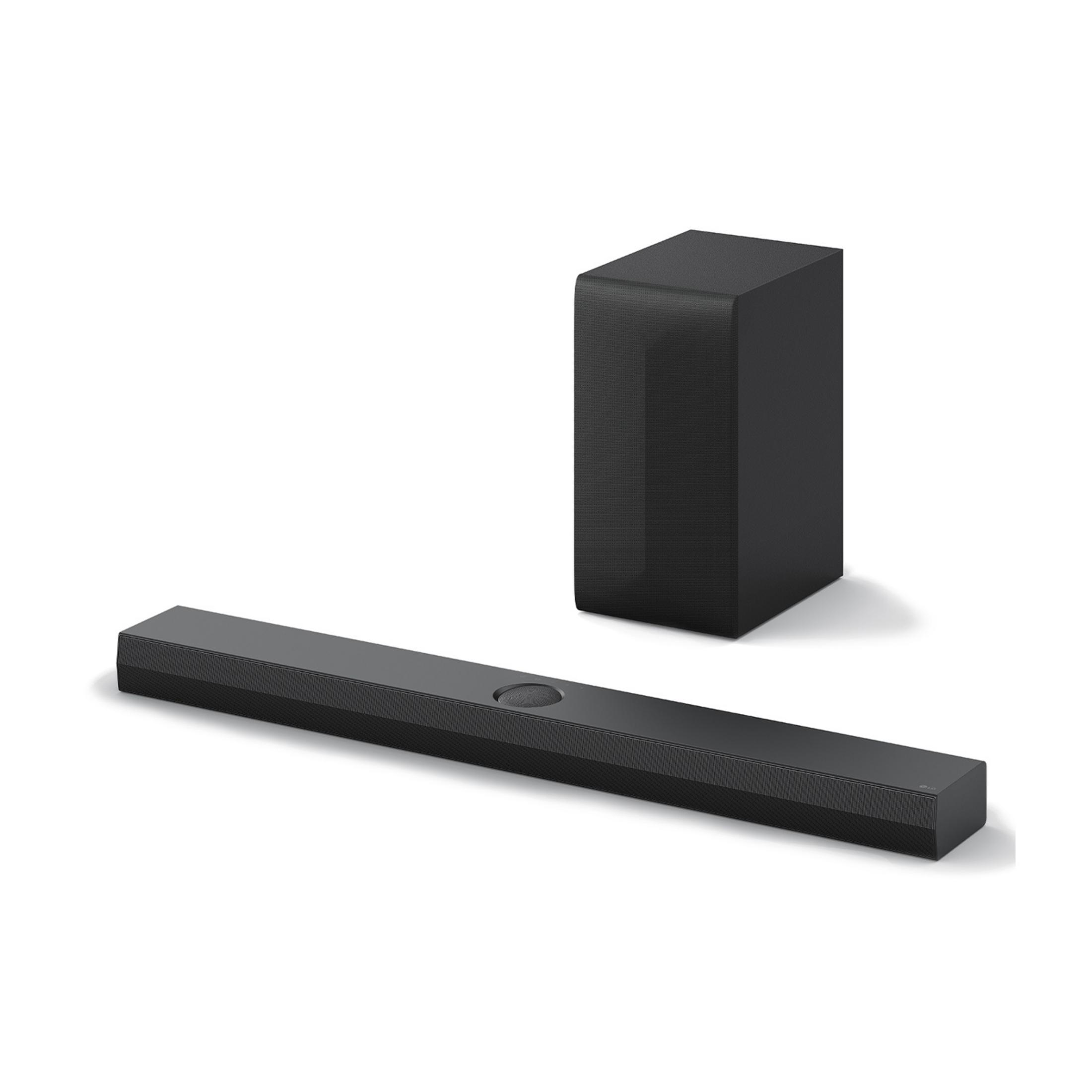 Ein schwarzer Soundbar und Subwoofer stehen nebeneinander auf weißem Hintergrund.