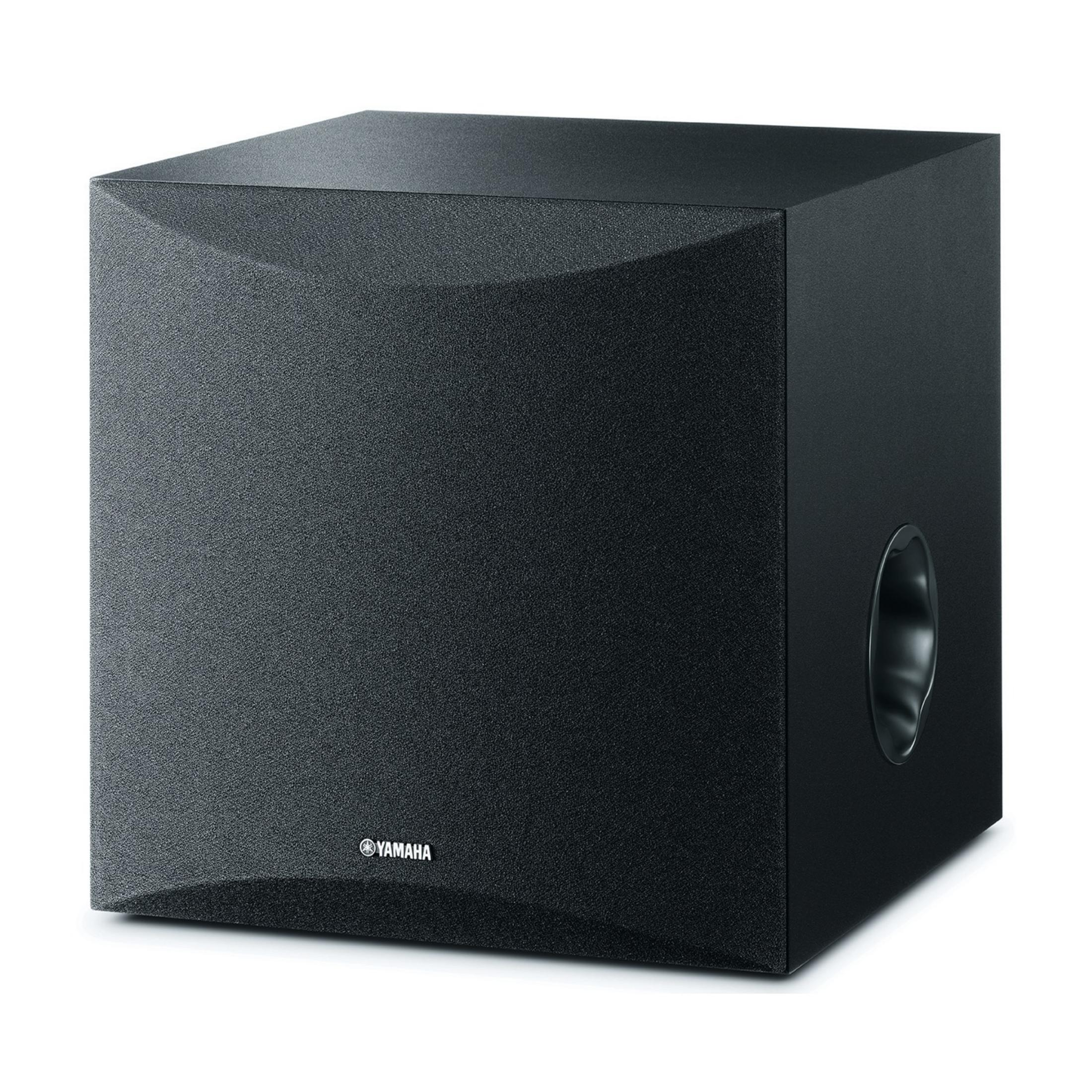 Schwarzer Subwoofer mit Yamaha-Logo und rundem seitlichem Anschluss.