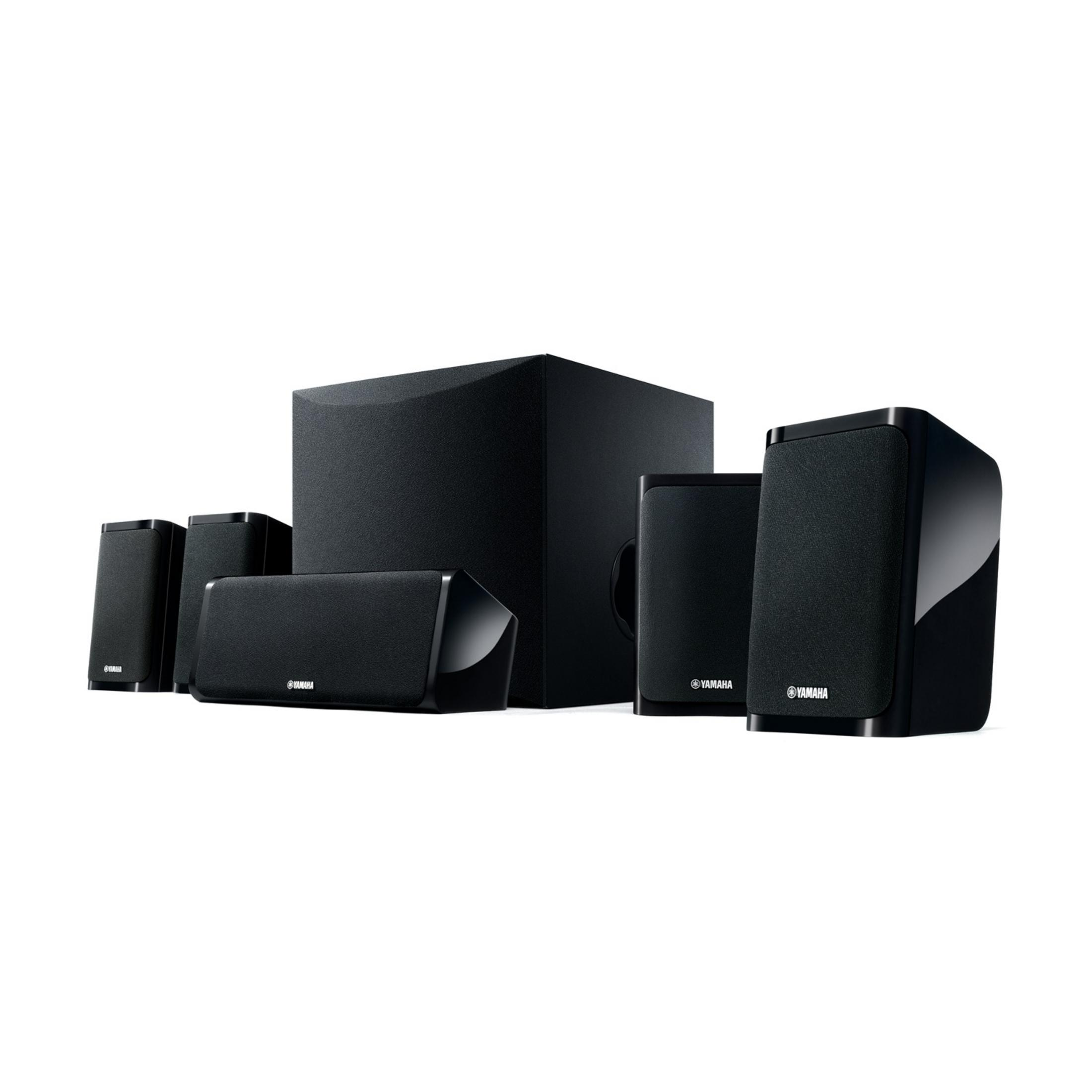 Ein schwarzes Yamaha-Lautsprecher-Set mit Subwoofer und Satellitenlautsprechern.