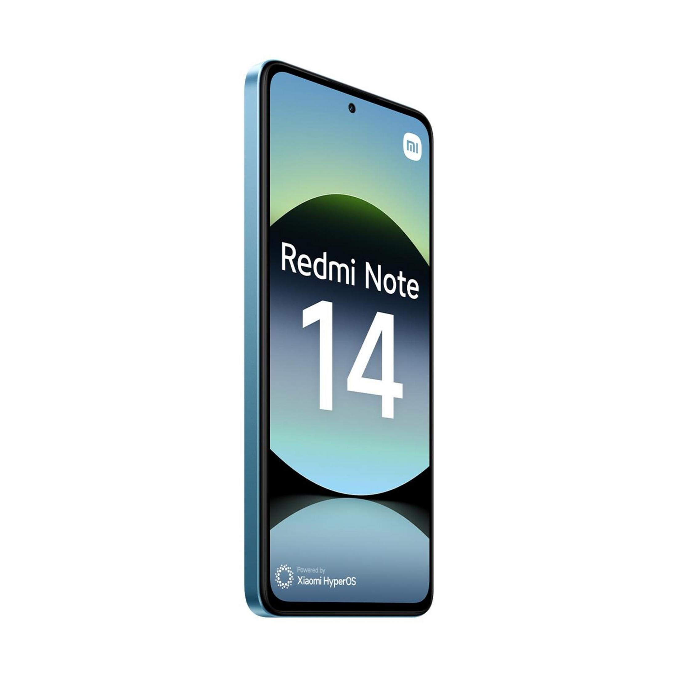 Niebieski smartfon Redmi Note 14 z logo Xiaomi HyperOS.