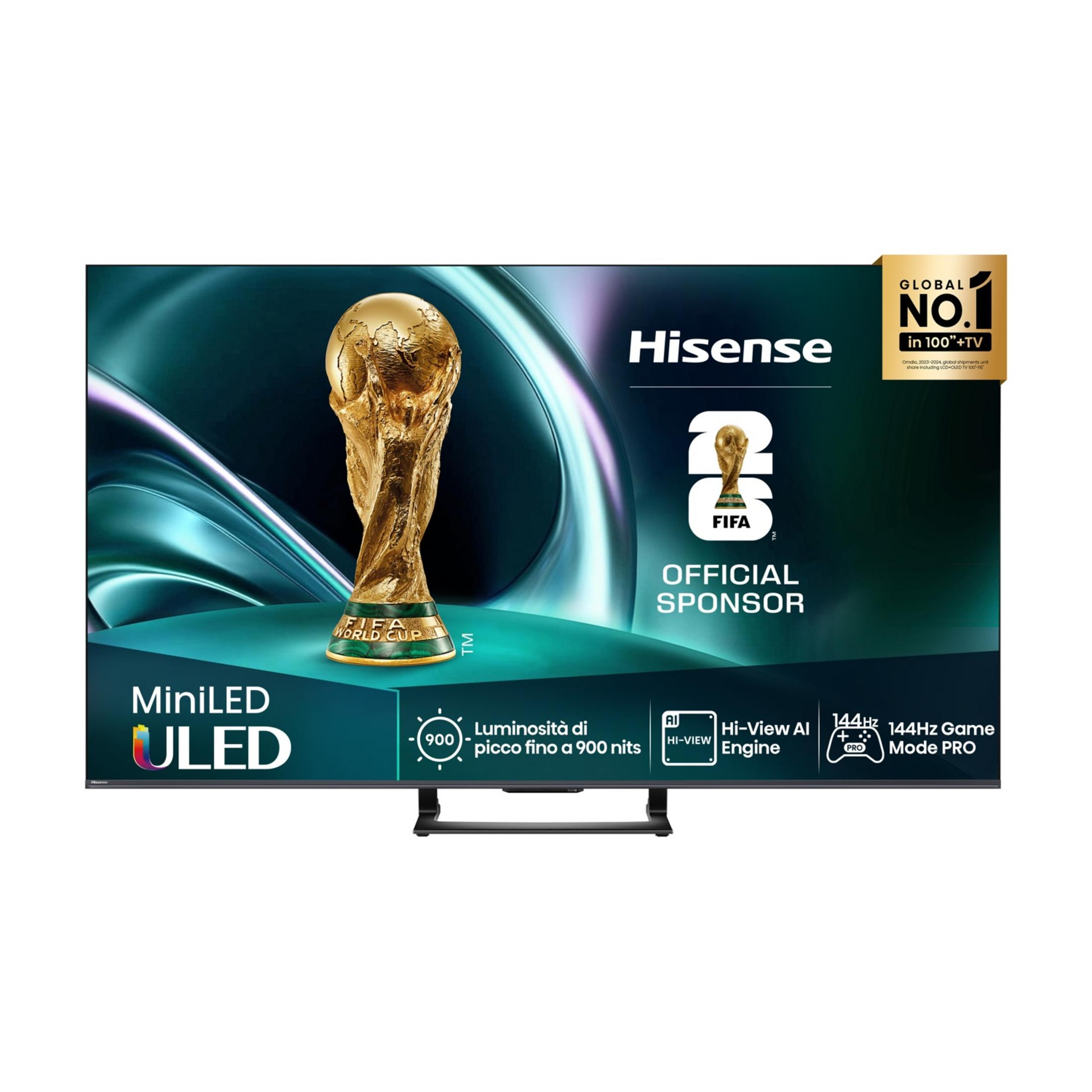 Telewizor Hisense z pucharem Mistrzostw Świata FIFA, "Globalny Nr 1", MiniLED ULED, 900 nitów, AI, 144Hz.