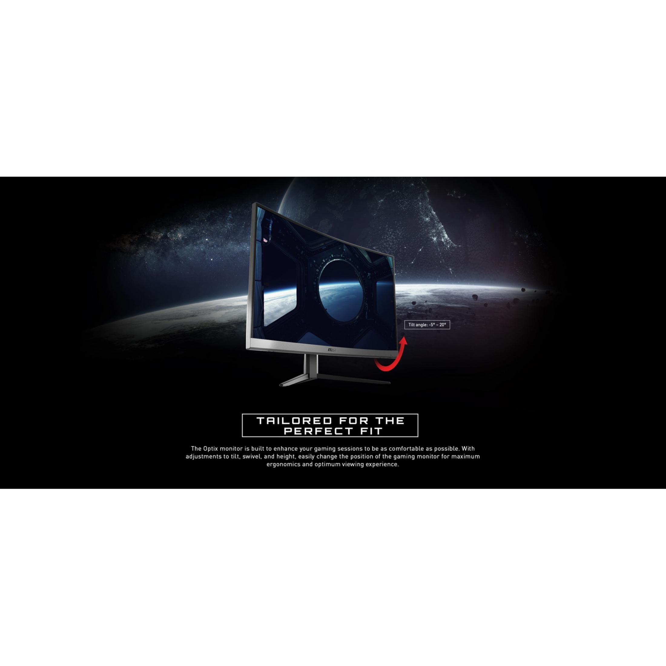 Monitor gamingowy MSI z kosmicznym tłem. Kąt nachylenia: -5°-20°.