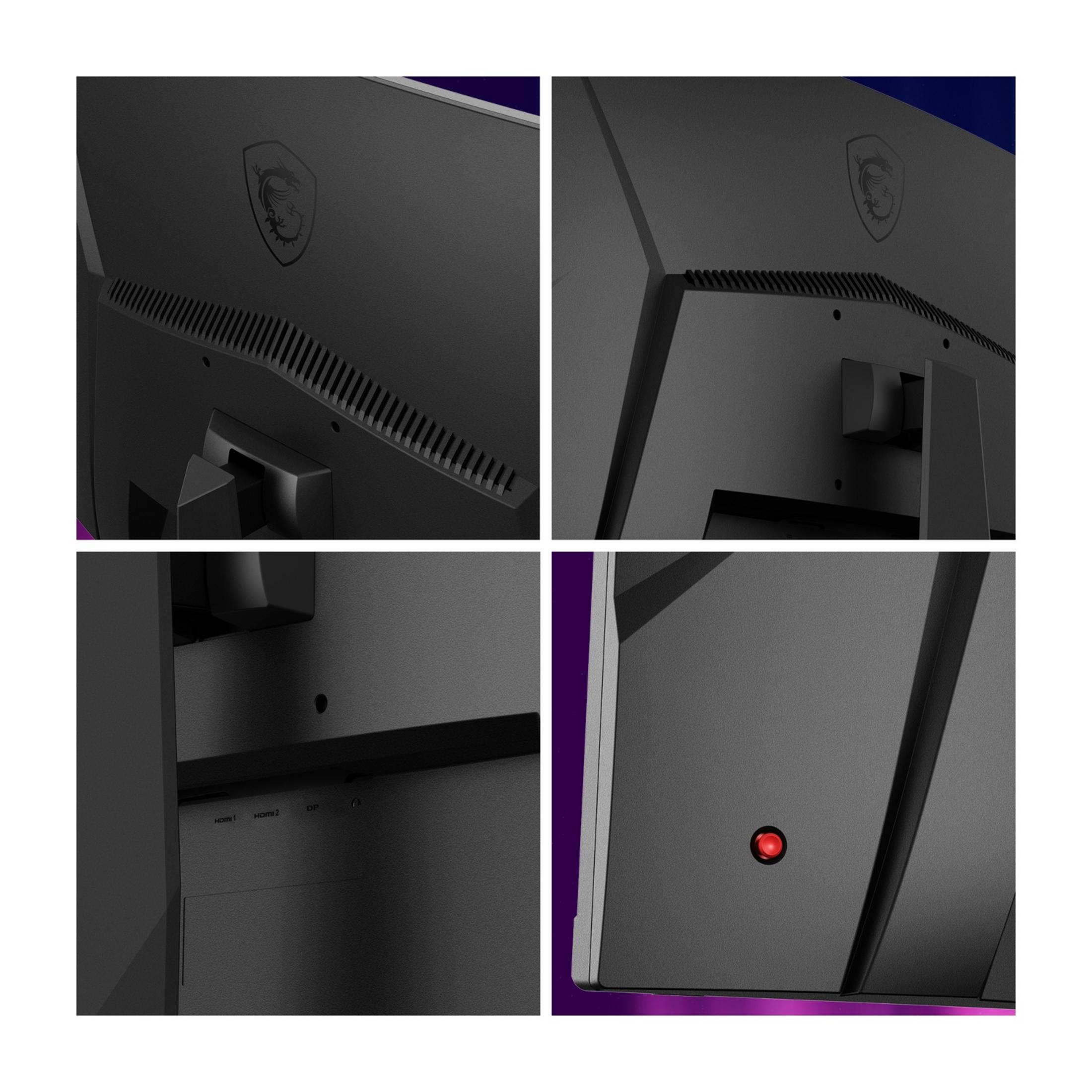 Tył czarnego monitora z logo MSI, otworami wentylacyjnymi i portami HDMI/DP.