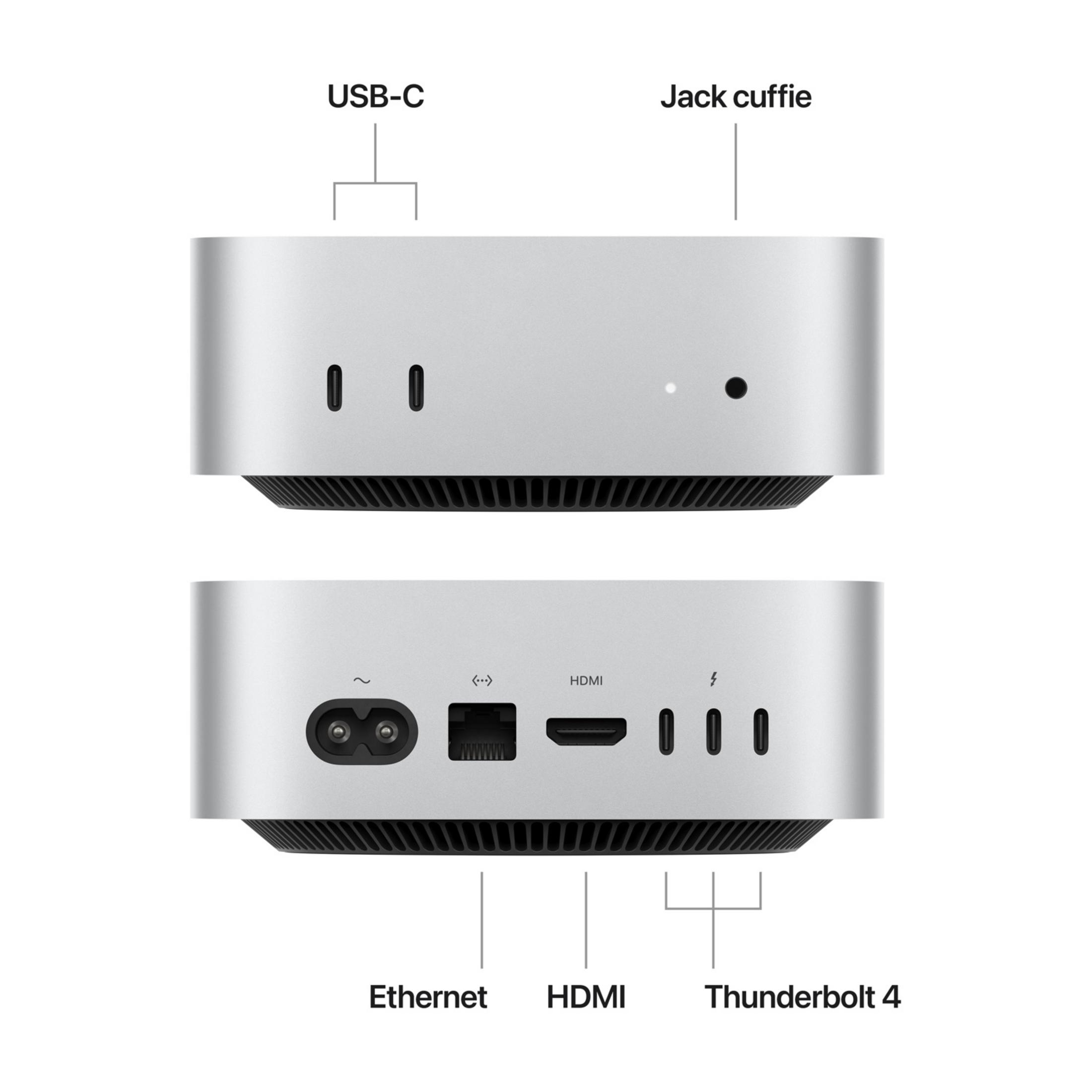 Vista posteriore di un computer argentato che mostra le porte: USB-C, jack cuffie, Ethernet, HDMI, Thunderbolt 4.