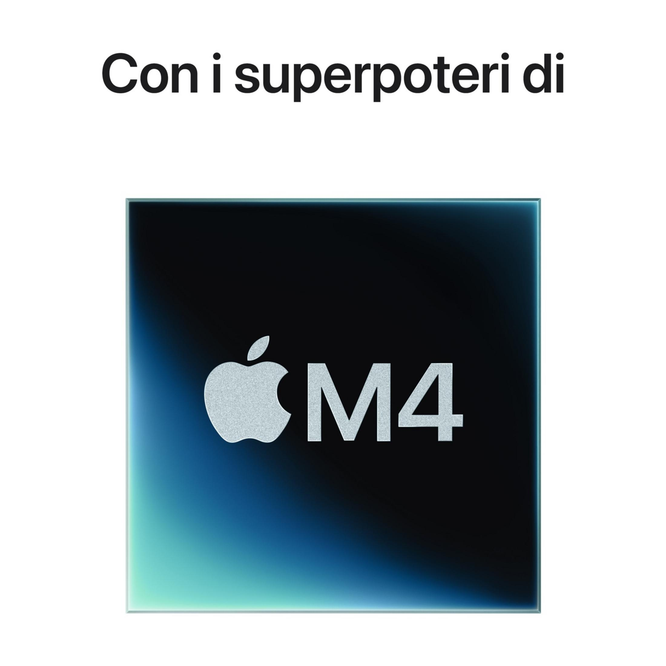 Logo Apple e chip M4 su sfondo blu-verde scuro.