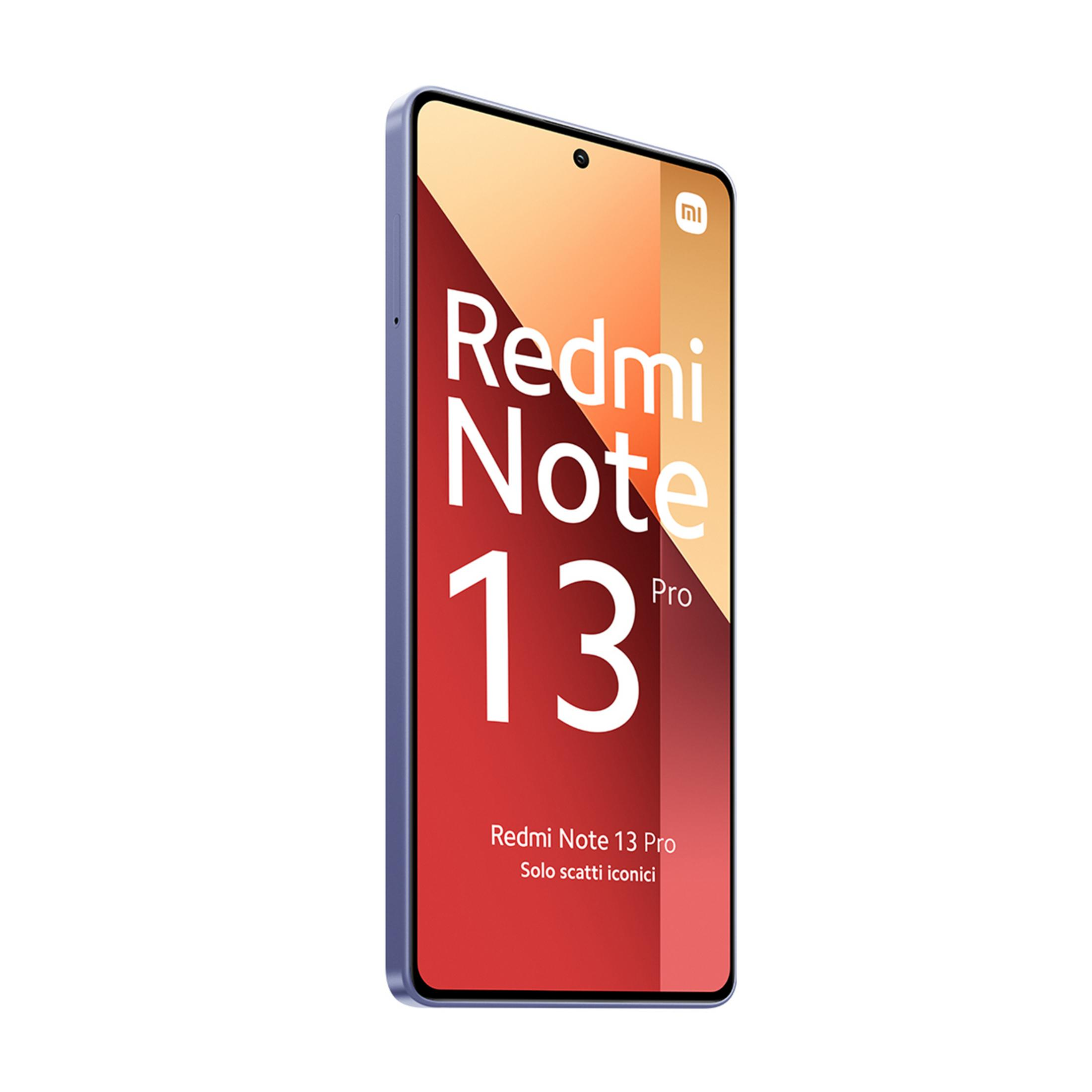 Fioletowy smartfon Redmi Note 13 Pro z czerwonym tłem.