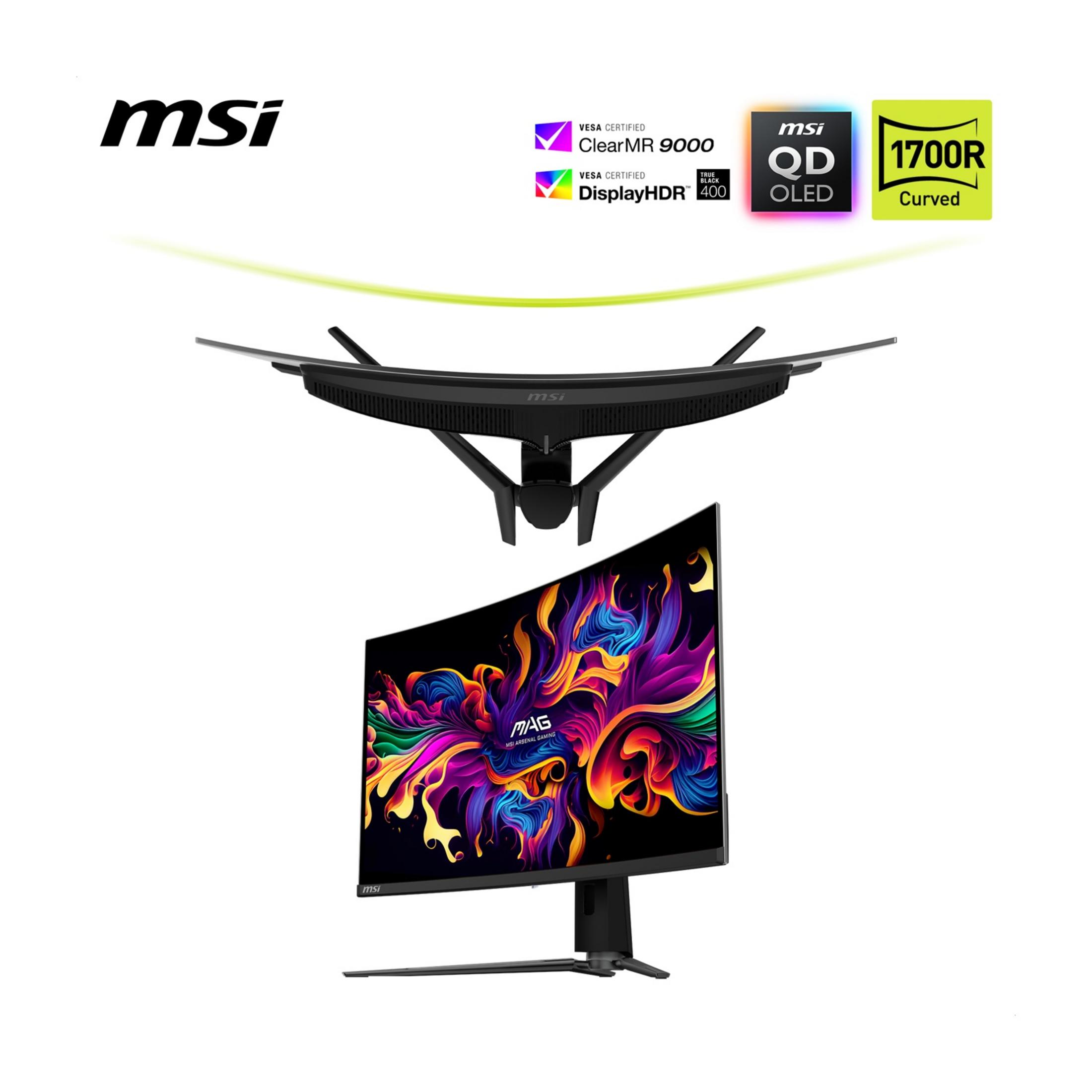 Zakrzywiony monitor MSI wyświetlający kolorową tapetę z logo MSI.