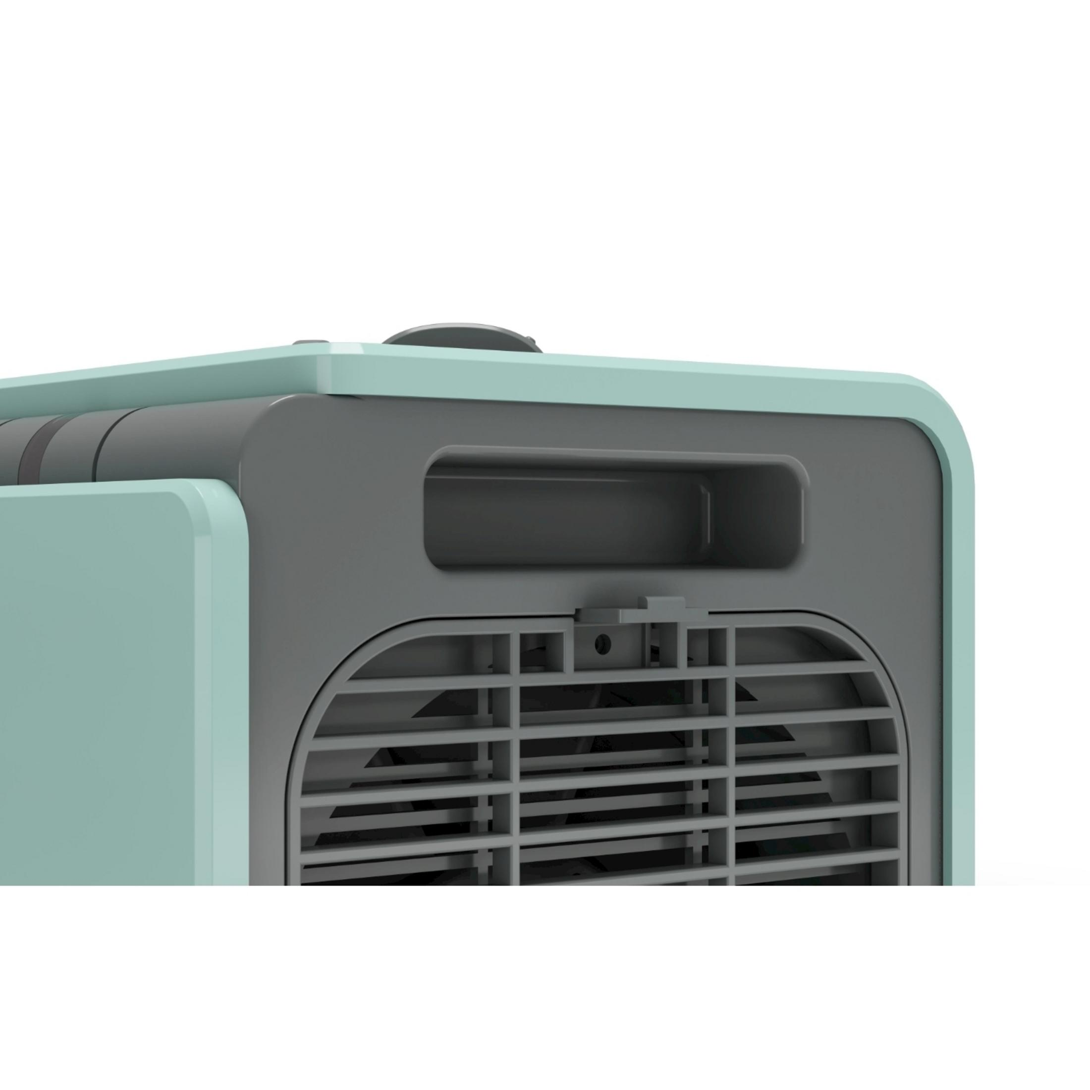 Dispositivo verde chiaro con accenti grigi, griglia di ventilazione e incavo.
