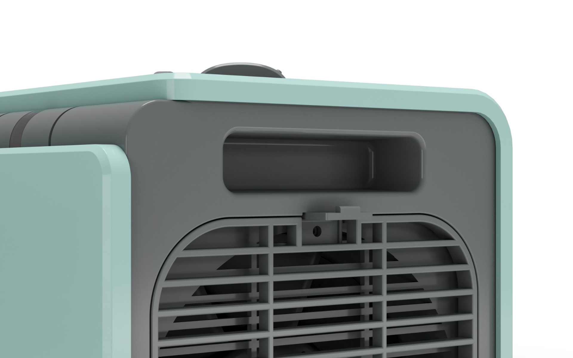 Un ventilatore portatile verde menta e grigio con maniglia e prese d'aria.