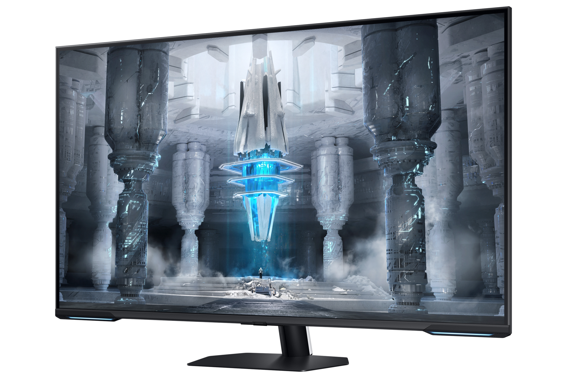 Osoba stoi przed świecącą niebieską kolumną w futurystycznej przestrzeni.