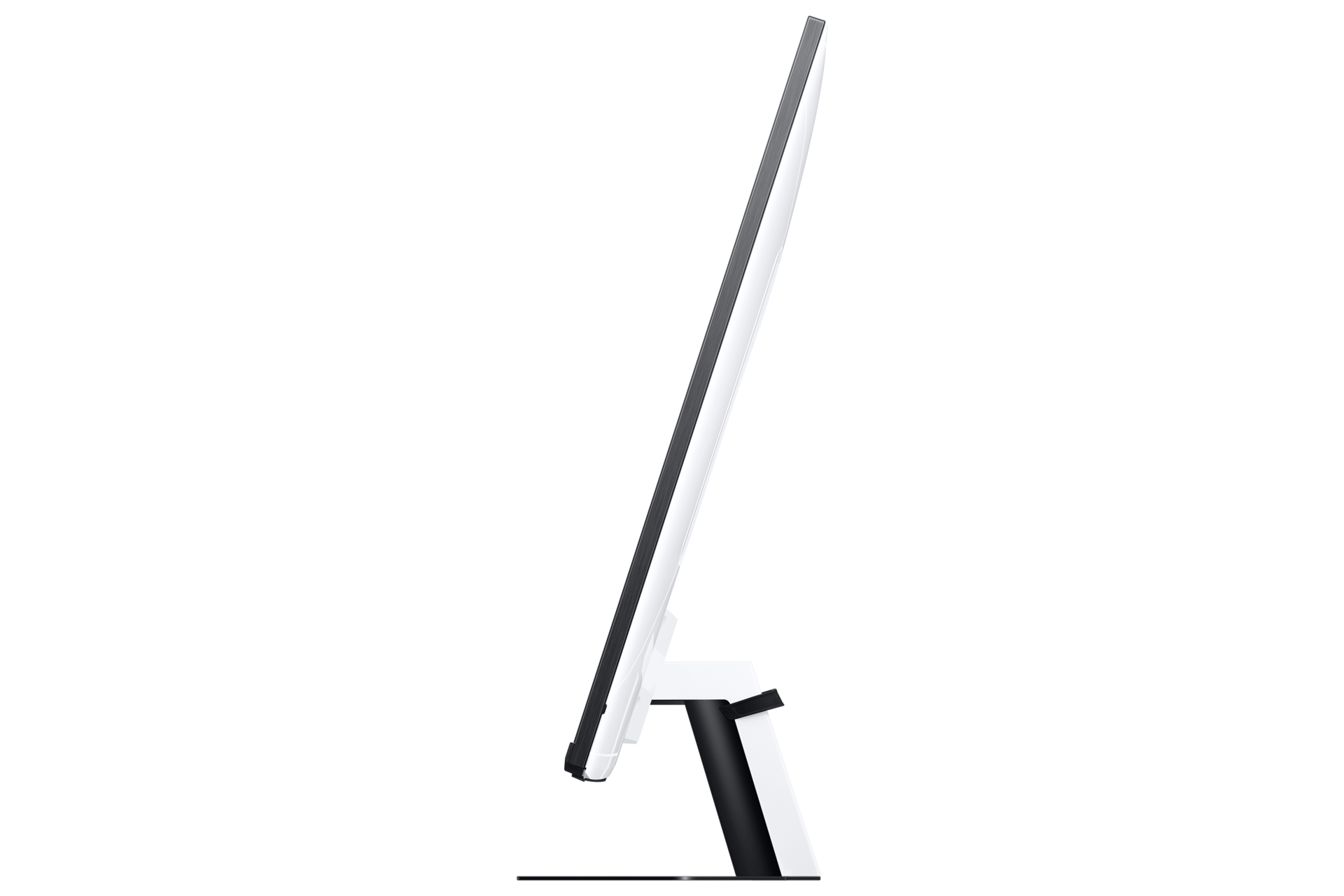 Elegancki, biały monitor z czarnym stojakiem, widziany z boku.