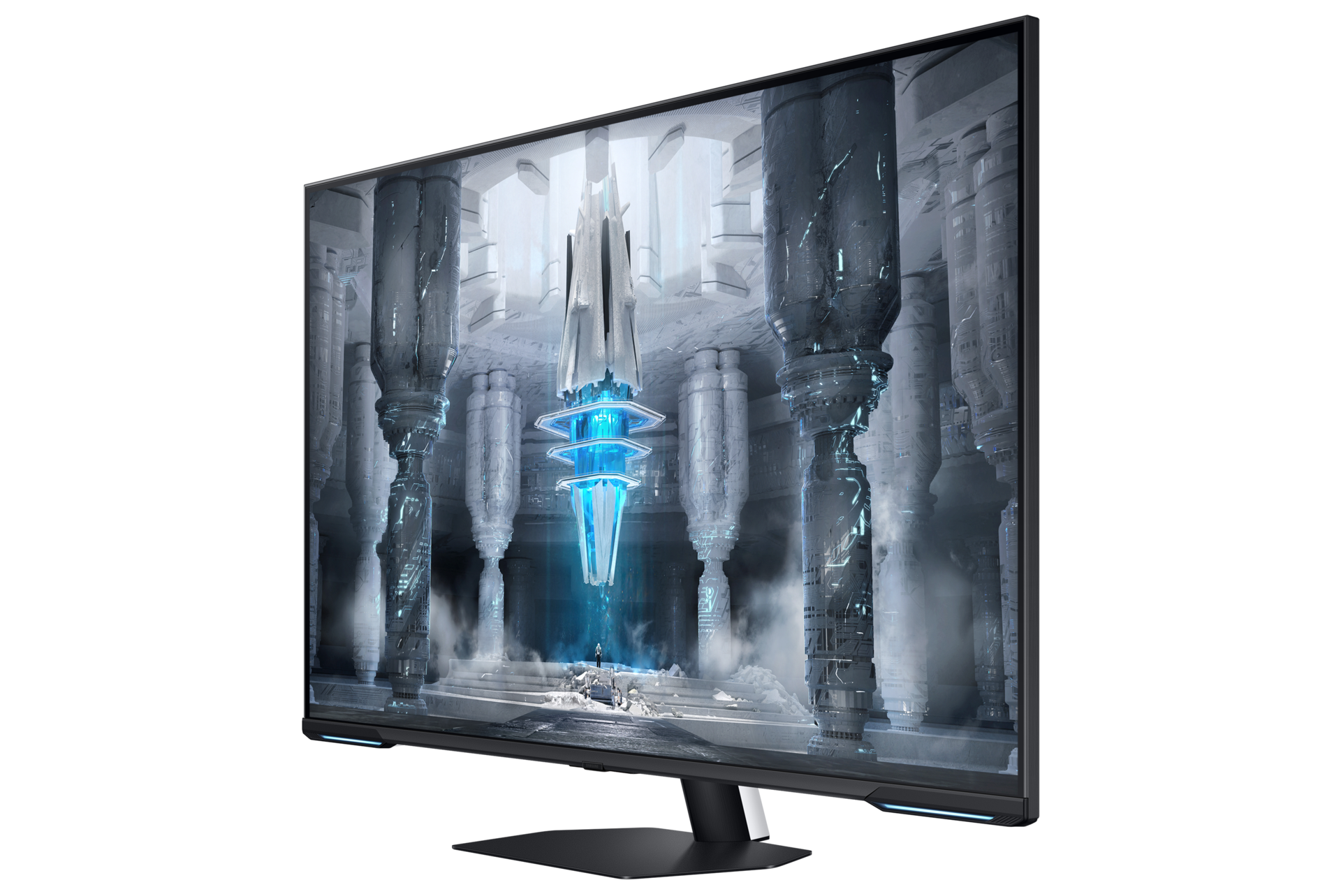 Futurystyczne kolumny z centralnym niebieskim źródłem energii i małą postacią.